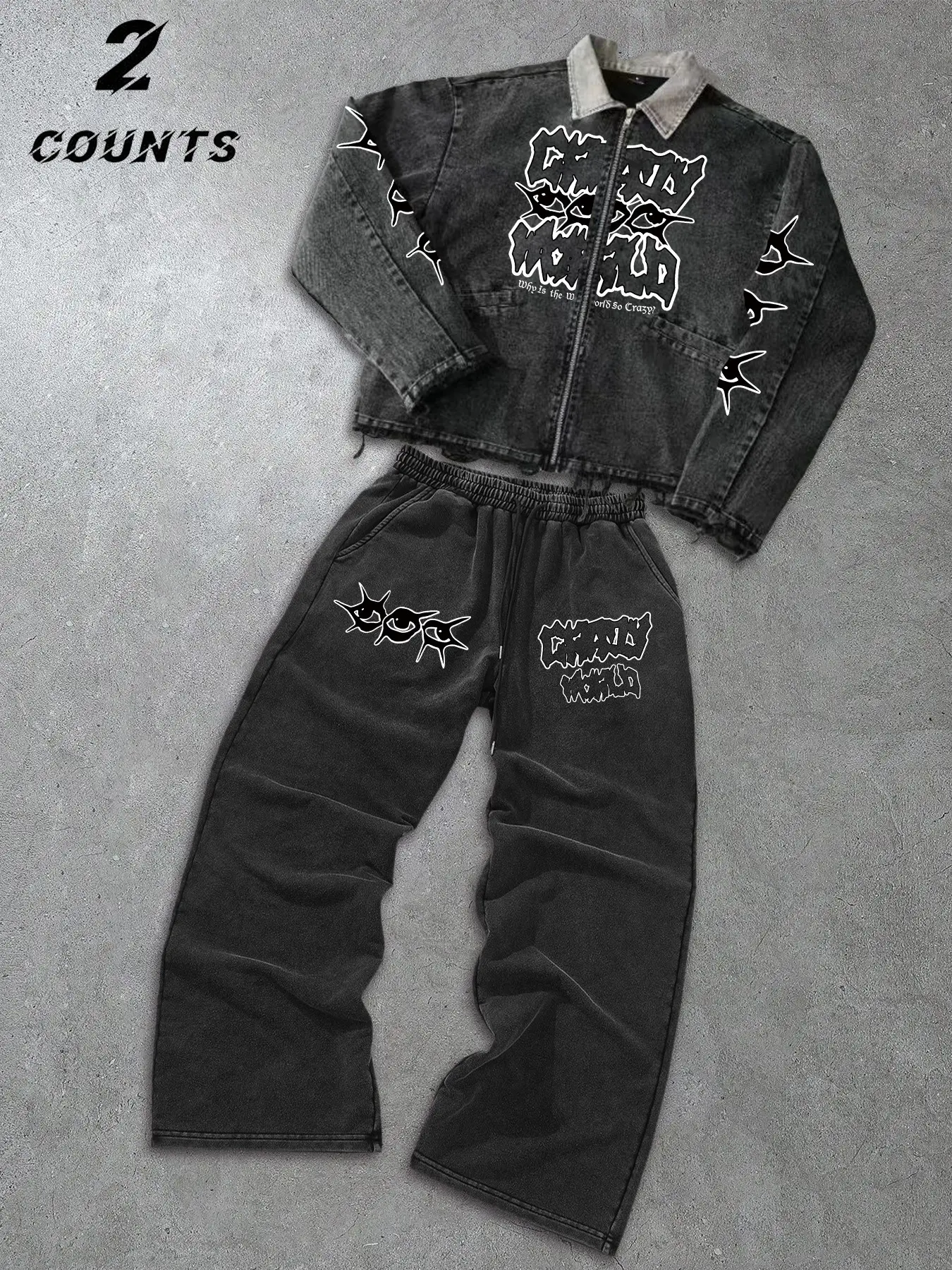 Dark Goth Y2K Grunge Two Piece Matching Outfit, Washed Black Cropped Zip Up Jacket and Elastic Waist Wide Leg Pants, Hardcore Graffiti Letter Print Streetwear Tracksuit, Oversized Casual Suit for Daily Hangout Club Spring Autumn Outfits