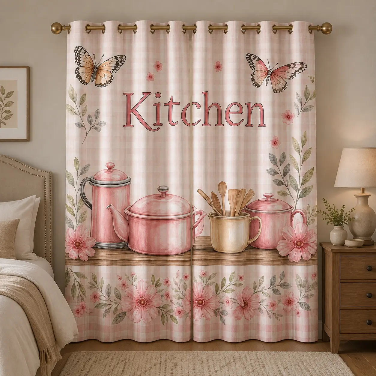 Spring & Mother’s Day Pink Farmhouse Kitchen Blackout Curtain Set, 2-Panel Floral Butterfly, Cookware & Gingham Print Grommet Drapes for Bedroom, Dining Room & Seasonal Home Decor