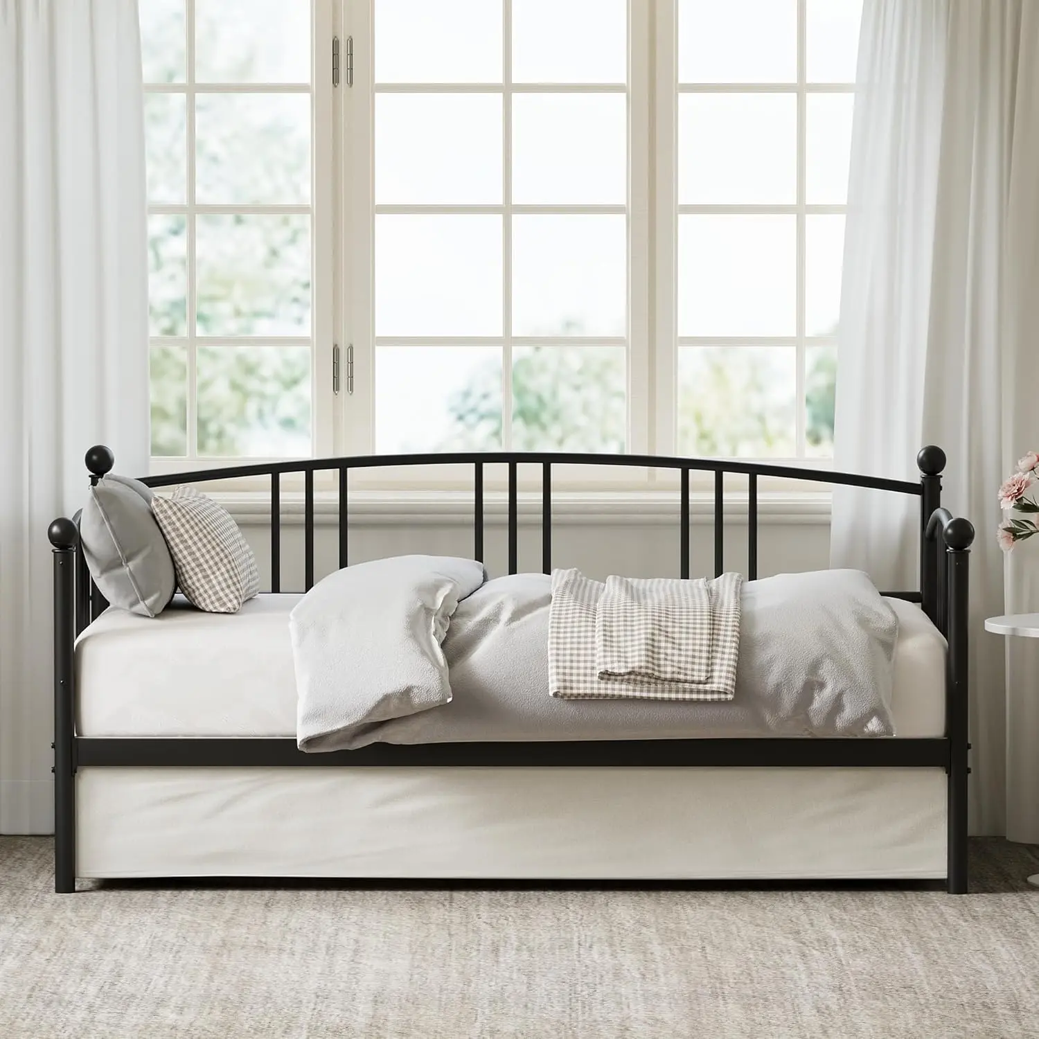 Gaomon Contemporary Black Metal Twin Daybed-Divan Bed with Arch-Shaped Headboard, Steel Slats Support, Compact Footprint, Dual-Use Design, Comfortable Seating Area & Sleeping Surface, Durable Metal Bed Frame for Living Room, Bedroom (Assembly Required)