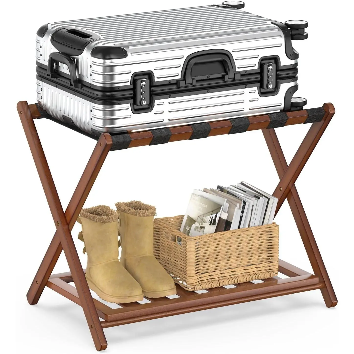 BAMBOOHOMIE Bamboo Luggage Rack for Guest Room, 26.77" Wide Thickened Suitcase Stand with Storage Shelf, Folding Luggage Holder for Bedroom Hotel, Brown