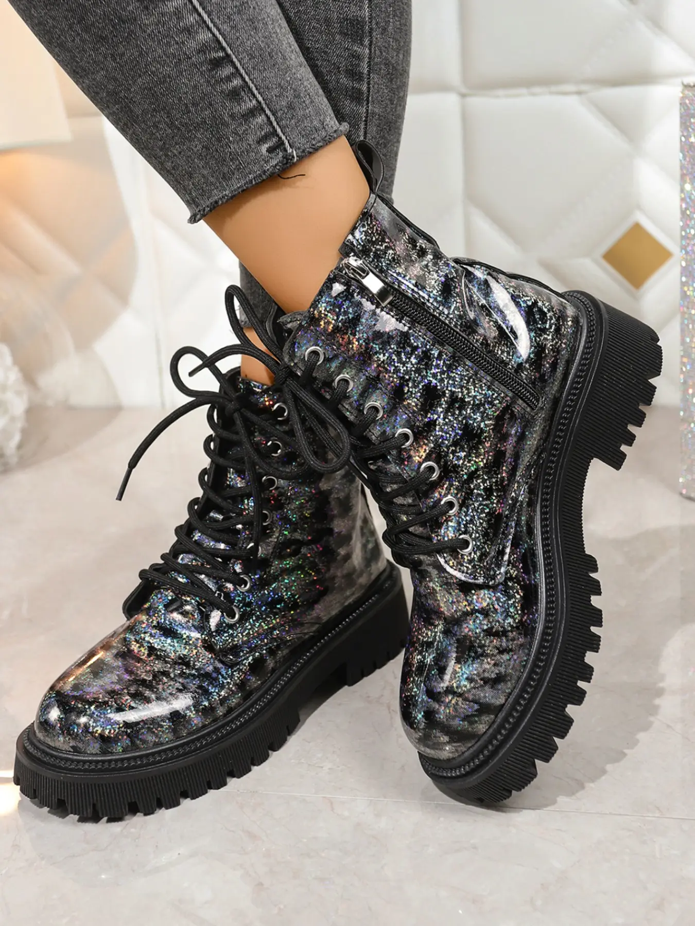 Holographic Leopard Print Boots, Glitter Thick Sole Short Boots, Gear Bottom Lacing Boots, Side Zipper Gothic Women's Boots, Music Festival Shoes