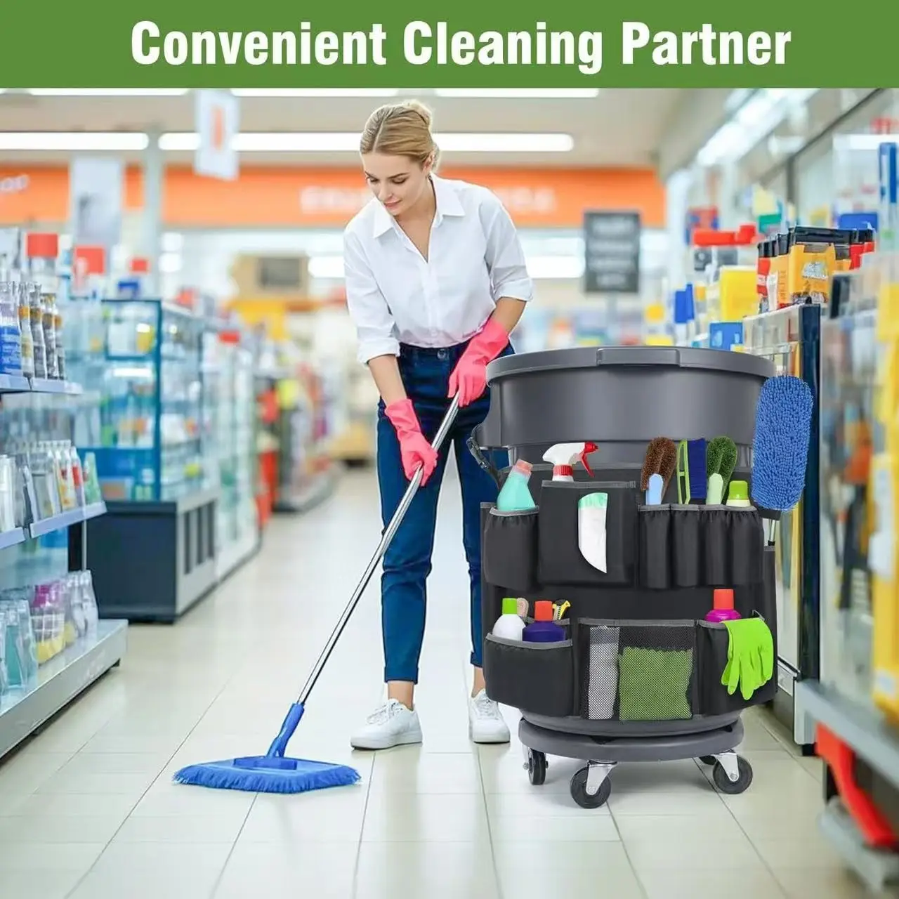 Bucket Cleaning Tool Storage Bag, Adjustable Clip-On Hanging Bag, Large Capacity, Organize Your Cleaning Supplies Efficiently