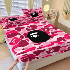3-Piece Pink Camo Ape Head Fitted Sheet Set,1 Fitted Sheet + 2 Pillowcases,Soft Breathable Non-Slip Mattress Cover,Hip Hop Streetwear Bedding,Ideal for Teen Bedroom,Dorm Decor & Birthday Gift