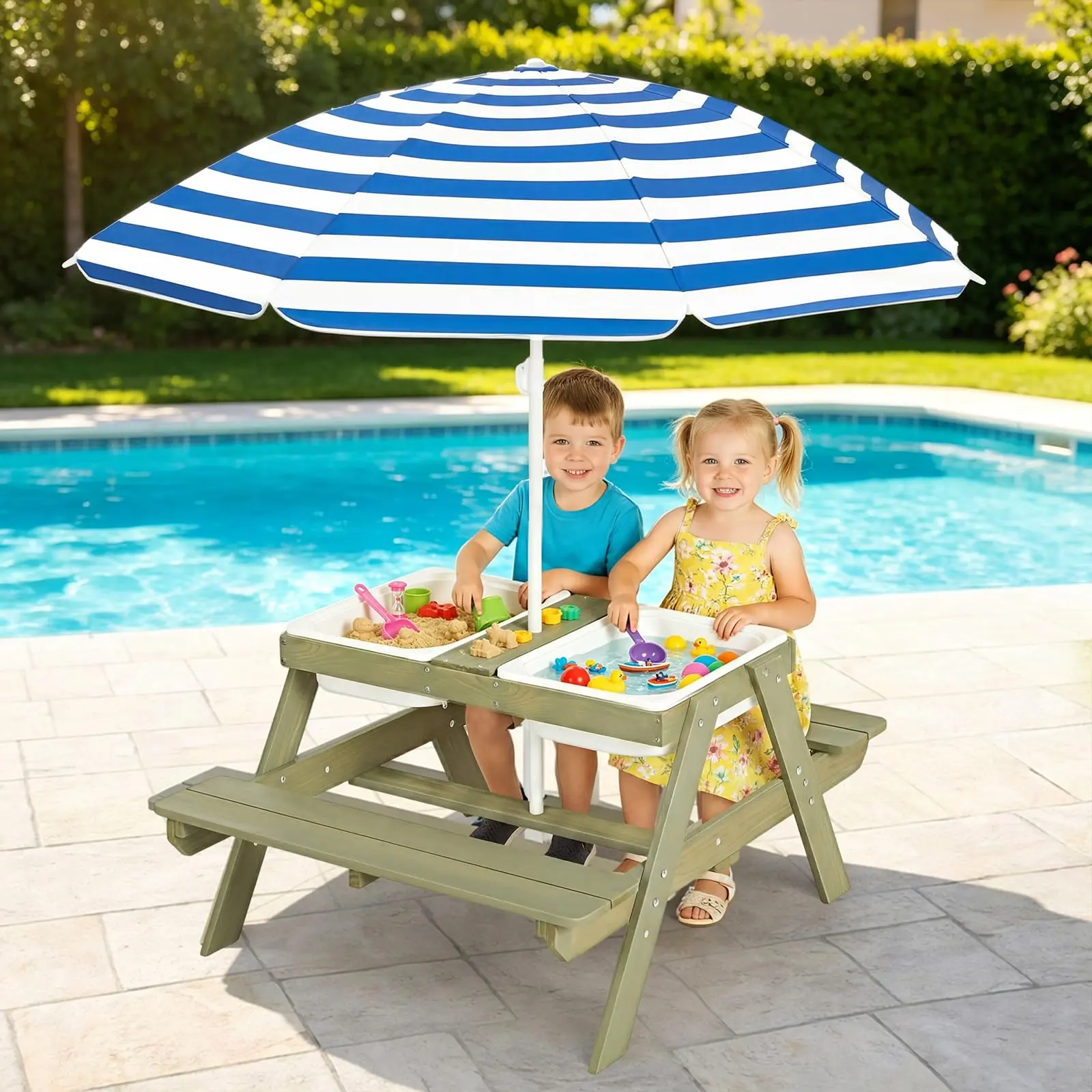 4-in-1 Sand and Water Table with Removable Weatherproof Umbrella, Wooden Outdoor Kids Picnic Table with 2 Covered Bins, Activity Sensory Table for Toddlers, Boys and Girls, Seats 4, Multi Play, Blue/Pink