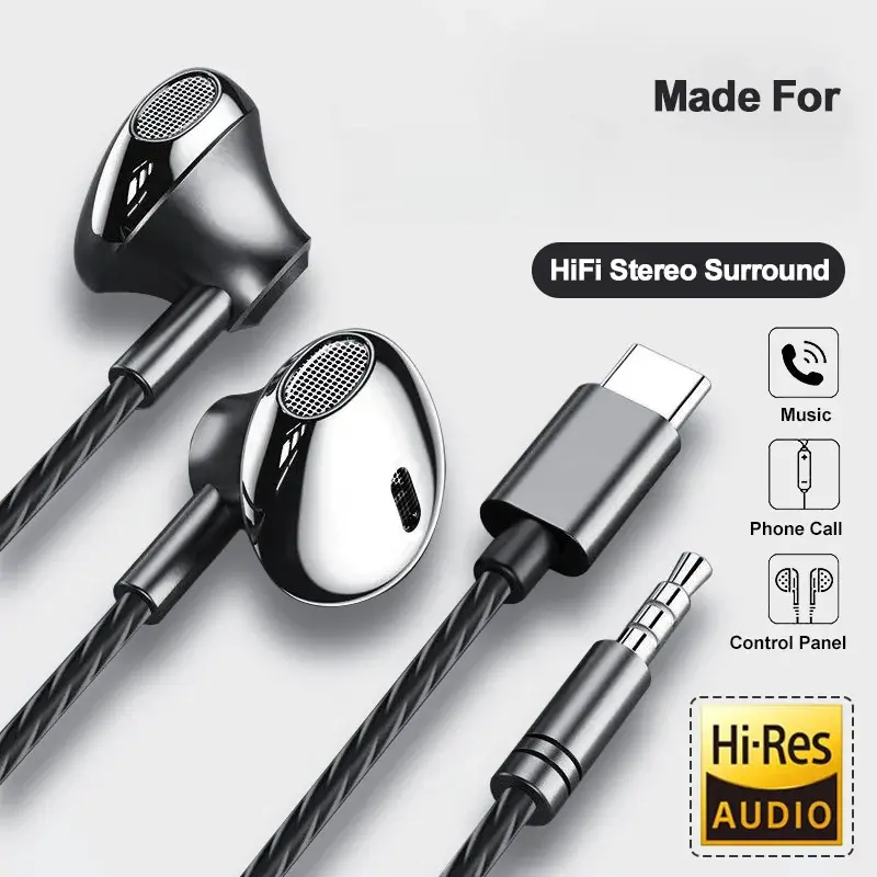 pretty headphones USB Type C device HiFi subwoofer noise Bass Stereo Volume Control Mic 3.5mm Wired Earbuds For Galaxy S24 S23 S22 S21 Ultra iPhone 15 Pro Max