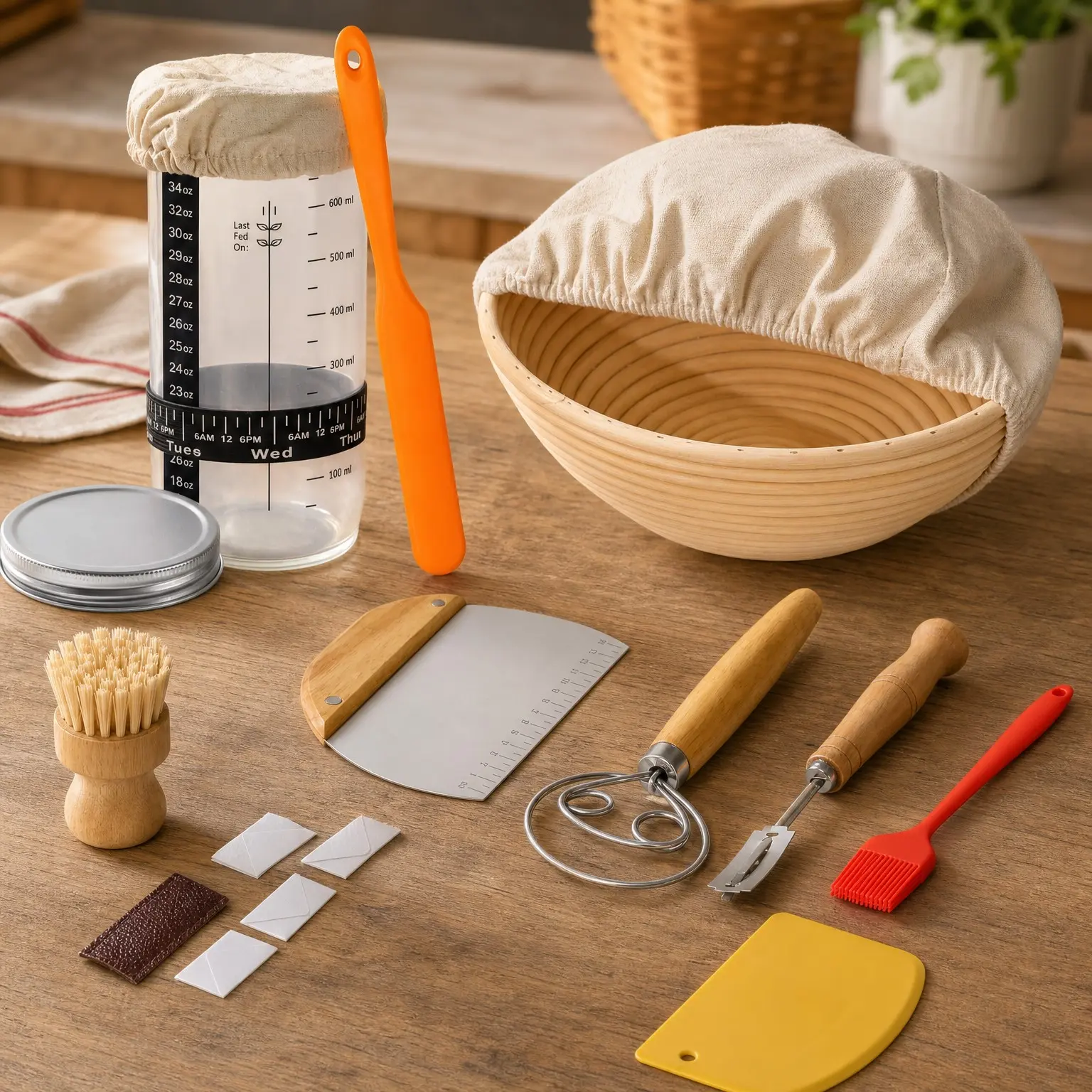 Complete Bread Proofing Basket Kit | All-in-One Set with 9-inch Banneton, Sourdough Starter Jar Kit, Bread Lame, Dough Scraper, Whisk, Cutter & Tools