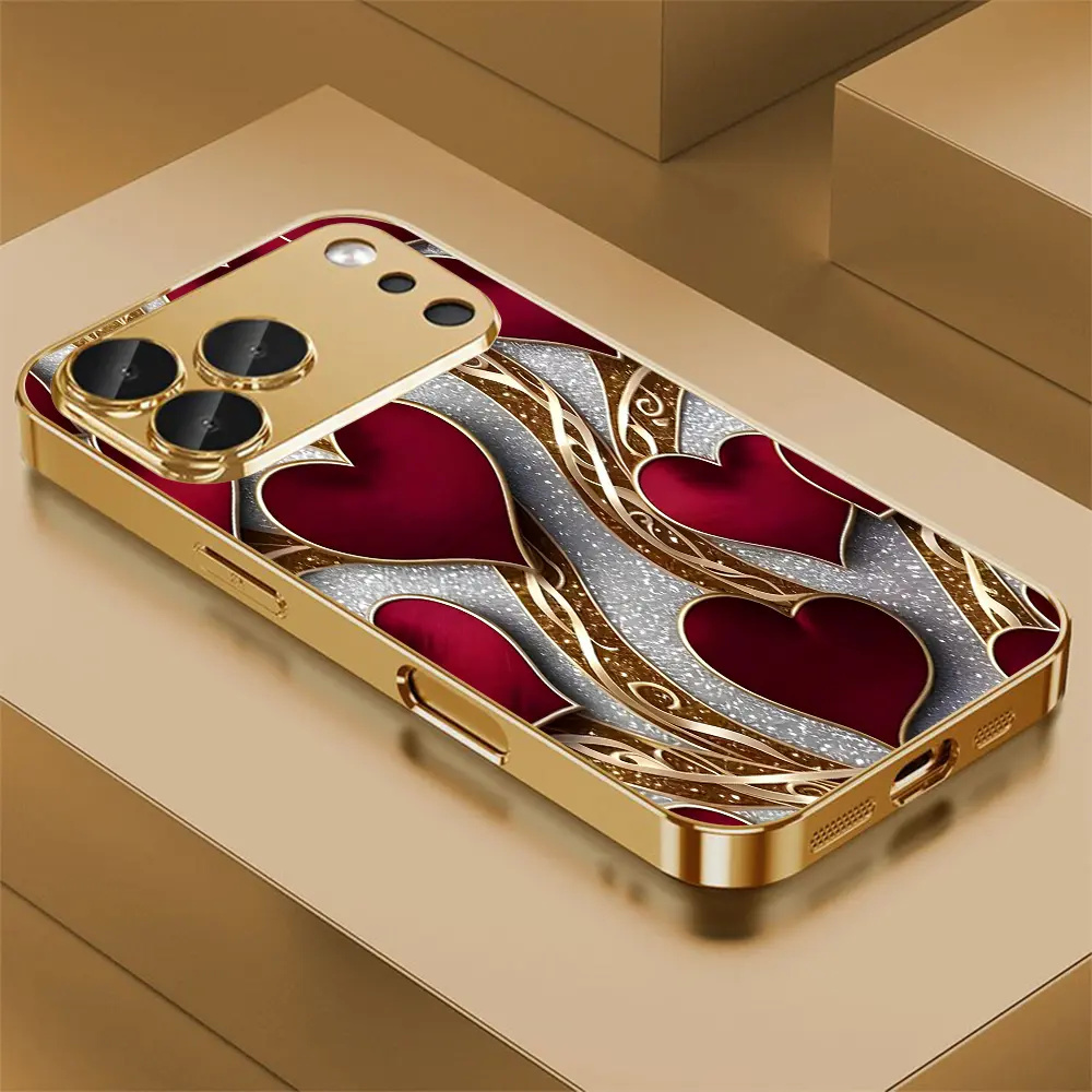 Red Heart Golden Line 2D Printed Pattern Phone Case,High Definition Glass Design Phone Protection Case, Suitable for iPhone 17 Pro Max 16 15 14 13 12 11 Samsung Galaxy S25 Ultra S24 S23 S22 S21 S20 A Series All Inclusive Phone Case-ZQ188, Accessories