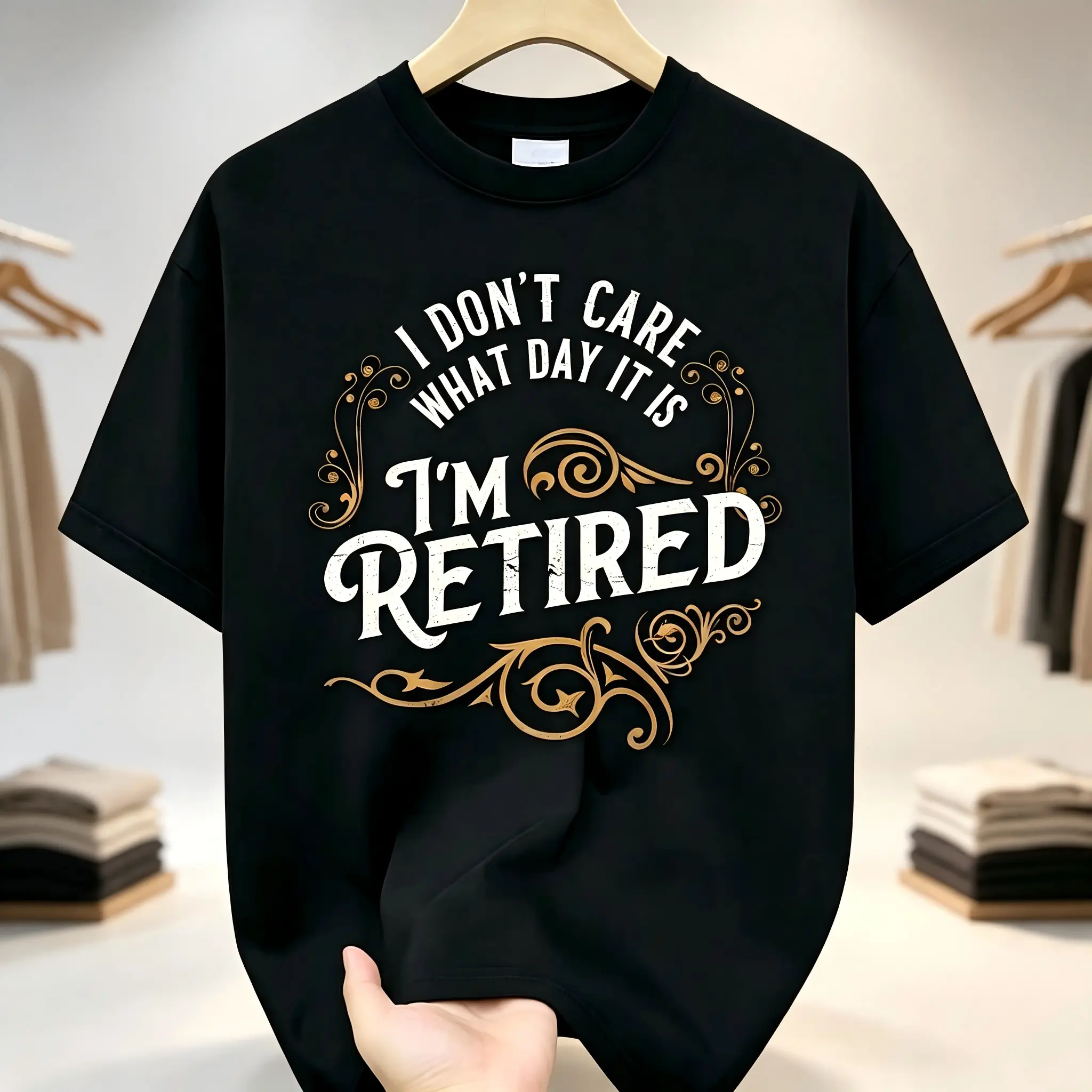 "I Don't Care What Day It Is I'm Retired" Retirement Graphic T-Shirt for Men Women – Stretch Cotton Crew Neck Short Sleeve, Vintage Distressed Curly Font Tee, Regular Fit Streetwear, All Season Wear, Retiree Joke Gift, Machine Washable