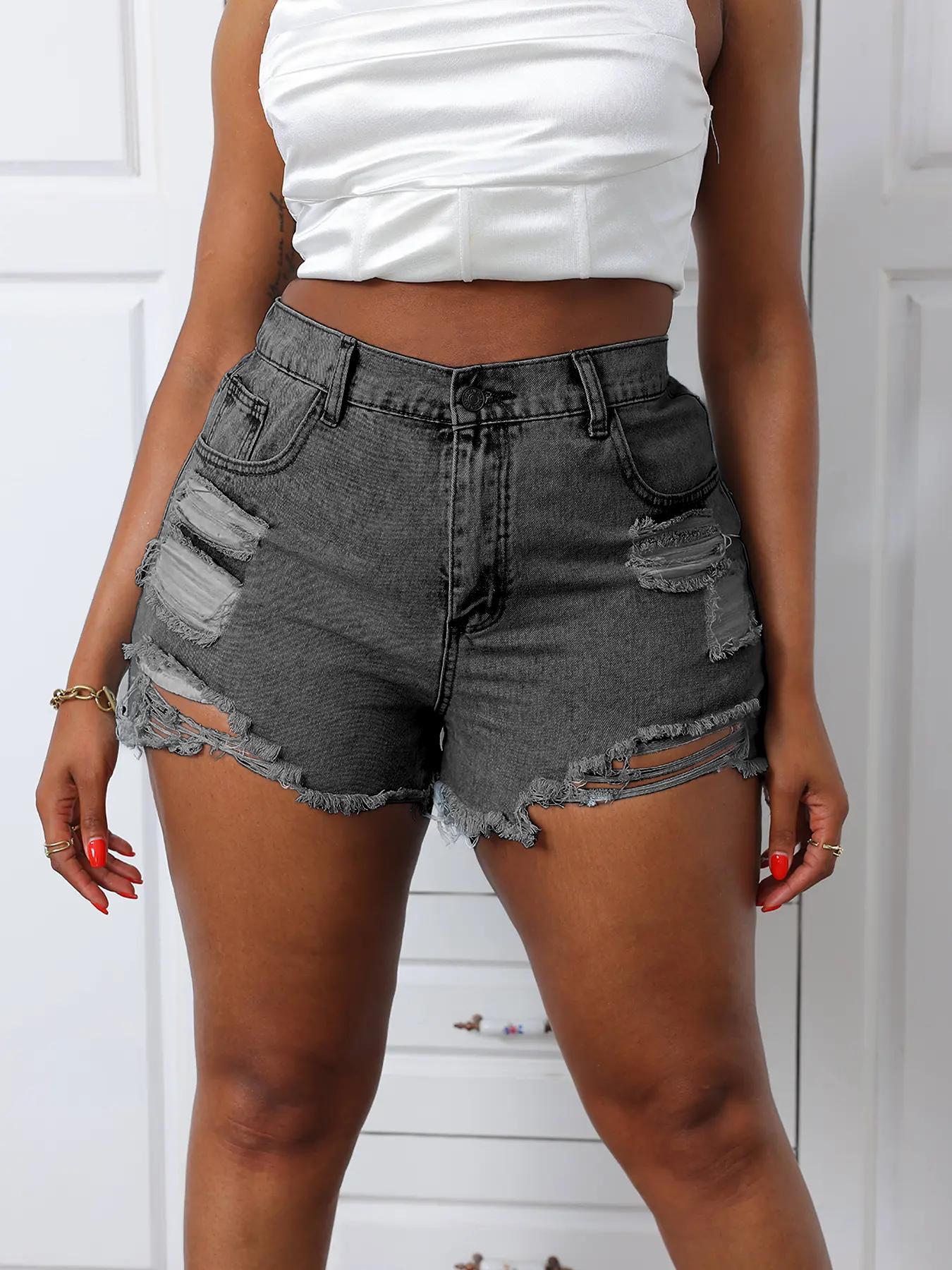 Plus Size Ripped High Waist Denim Shorts, Fashion Casual Pocket Shorts for Daily Outdoor Wear, Women Jeans Shorts for Summer Plus Size Ripped High Waist Denim Shorts, Fashion Casual Pocket Shorts for Daily Outdoor Wear, Women Jeans Shorts for Summer