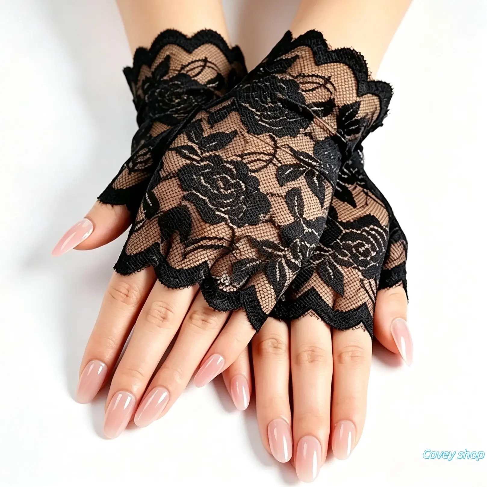 Women's Vintage Floral Lace Hollow-Out Fingerless Gloves, Elegant Sheer Hand Accessories for Wedding, Costume Party, Evening Occasions