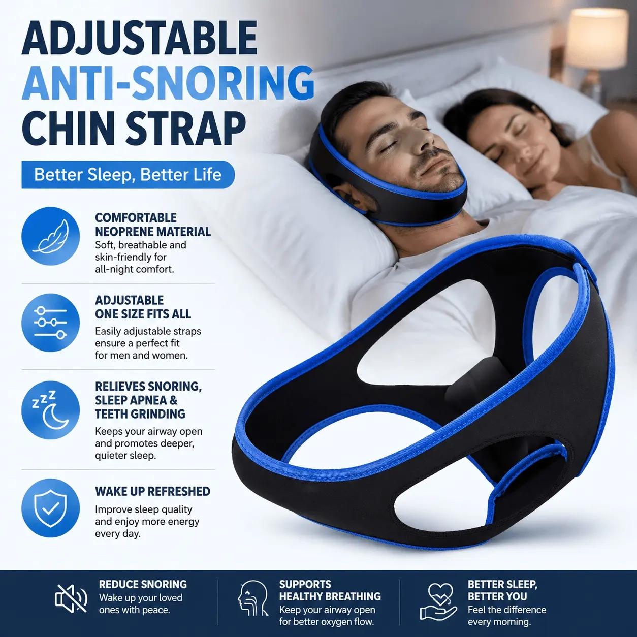 2-Pack Anti-Snoring Chin Strap for Side Sleepers, Breathable, Removable & Washable Snore Stopper, Unisex Sleep Apnea Aid, Adjustable Soft Non-Slip Fit, Mouth Breathing Relief