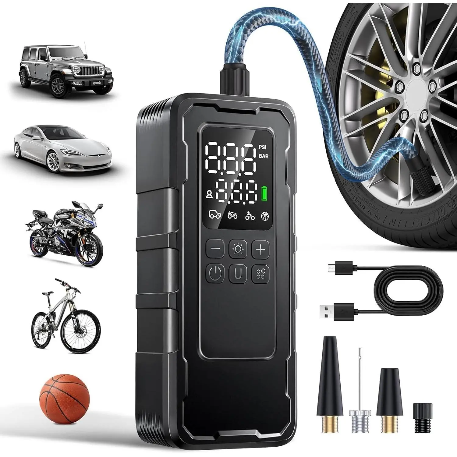 Portable Cordless Tire Inflator Air Compressor, 150 PSI Air Pump with Digital Pressure Gauge, Auto-Shutoff, LED Light, Rechargeable 12V Battery for Car, Motorcycle, Bike, Ball, InflatablesGift