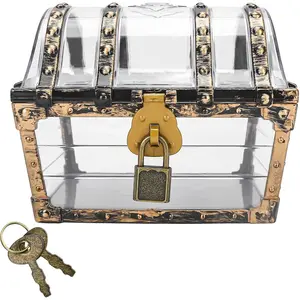 Treasure Chest Box, Small Pirate Treasure Case with Lock and Key, Transparent Jewelry Storage Container Display Toy Candy Seashell Gemstone Crystal Keepsake Gift, Retro Nautical Home Decor 5''x4.5''Gift.