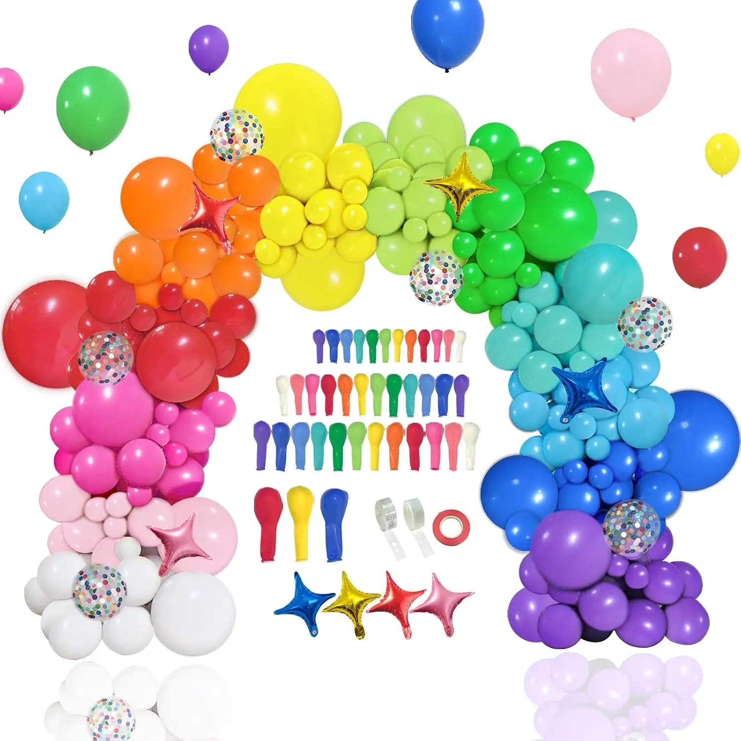 146pcs Rainbow Balloon Arch Kit, 12 Assorted Colorful Balloons | MultiColor Balloon Arch with Star Foil Confetti Balloons for Birthday, Anniversary, Festival, Carnival Circus Decor