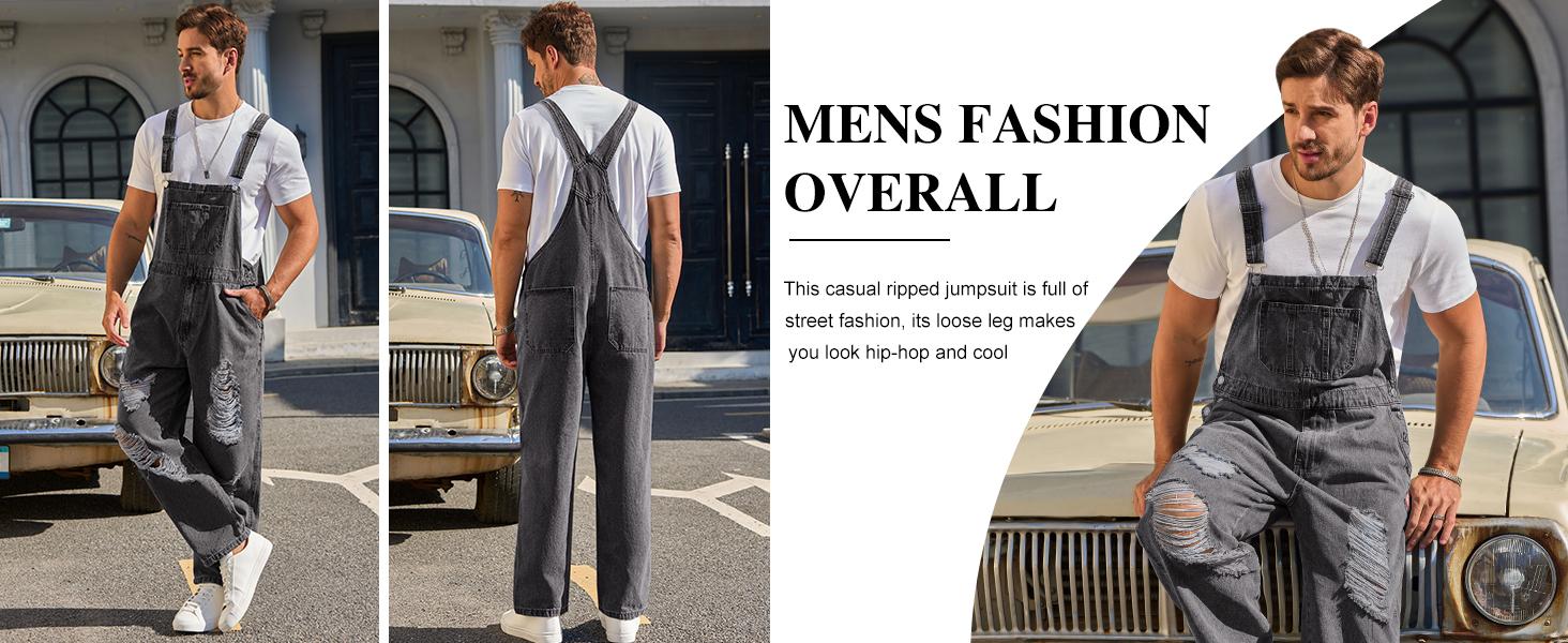 PASLTER Men's Denim Bib Overall Ripped Distressed Jean Casual Fashion Workwear Adjustable Strap Hip Hop Jumpsuit