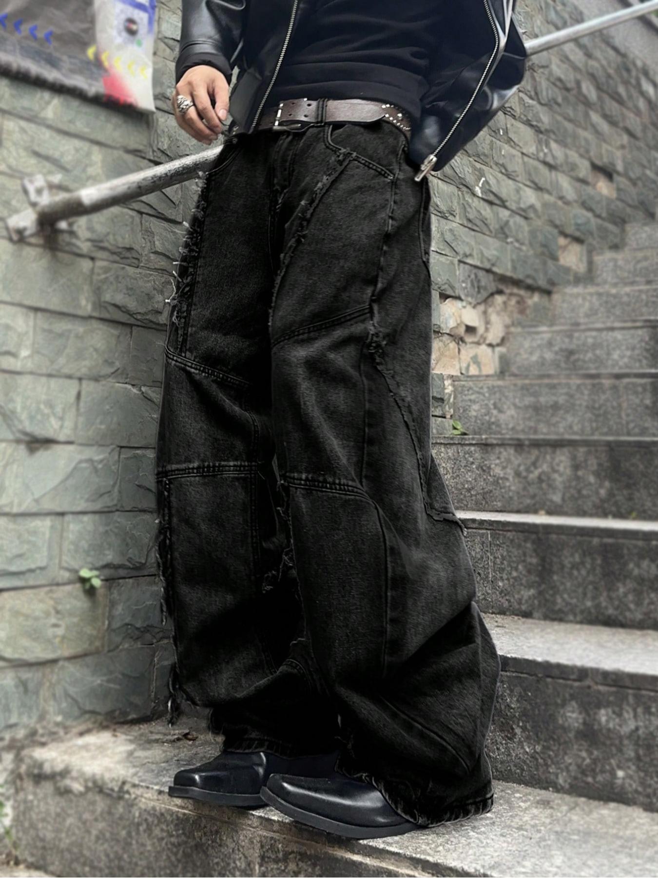 Men's Street Style Streetwear Raw Hem Jeans, Casual Comfy Denim Jeans for Daily Wear, Wide Leg Jeans Bottoms for Men