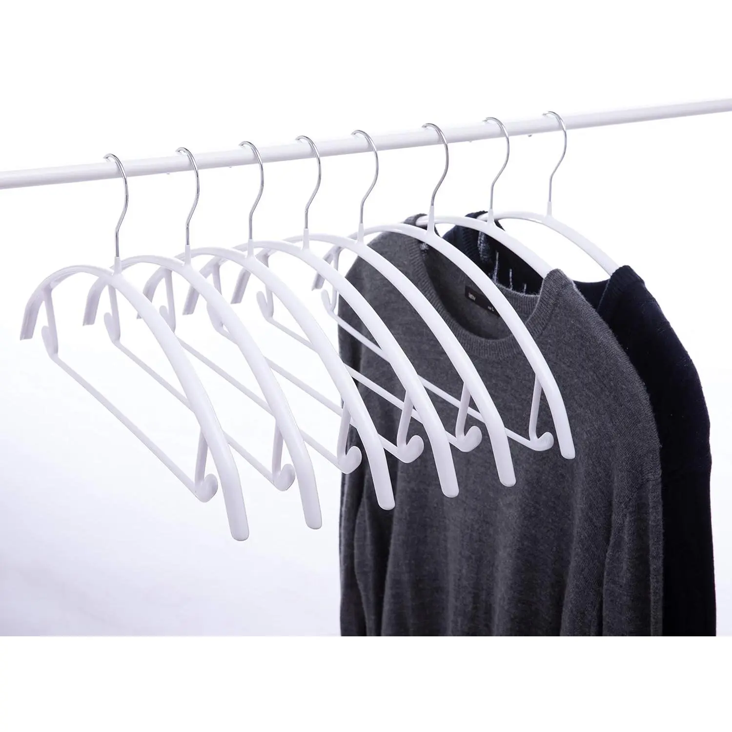 Metal Hangers with Non-Slip Rubber Coating, No Shoulder Bumps, Contour Design with Pants Bar for Sweaters & T-Shirts, White, 16.5 Inch, Pack of 10