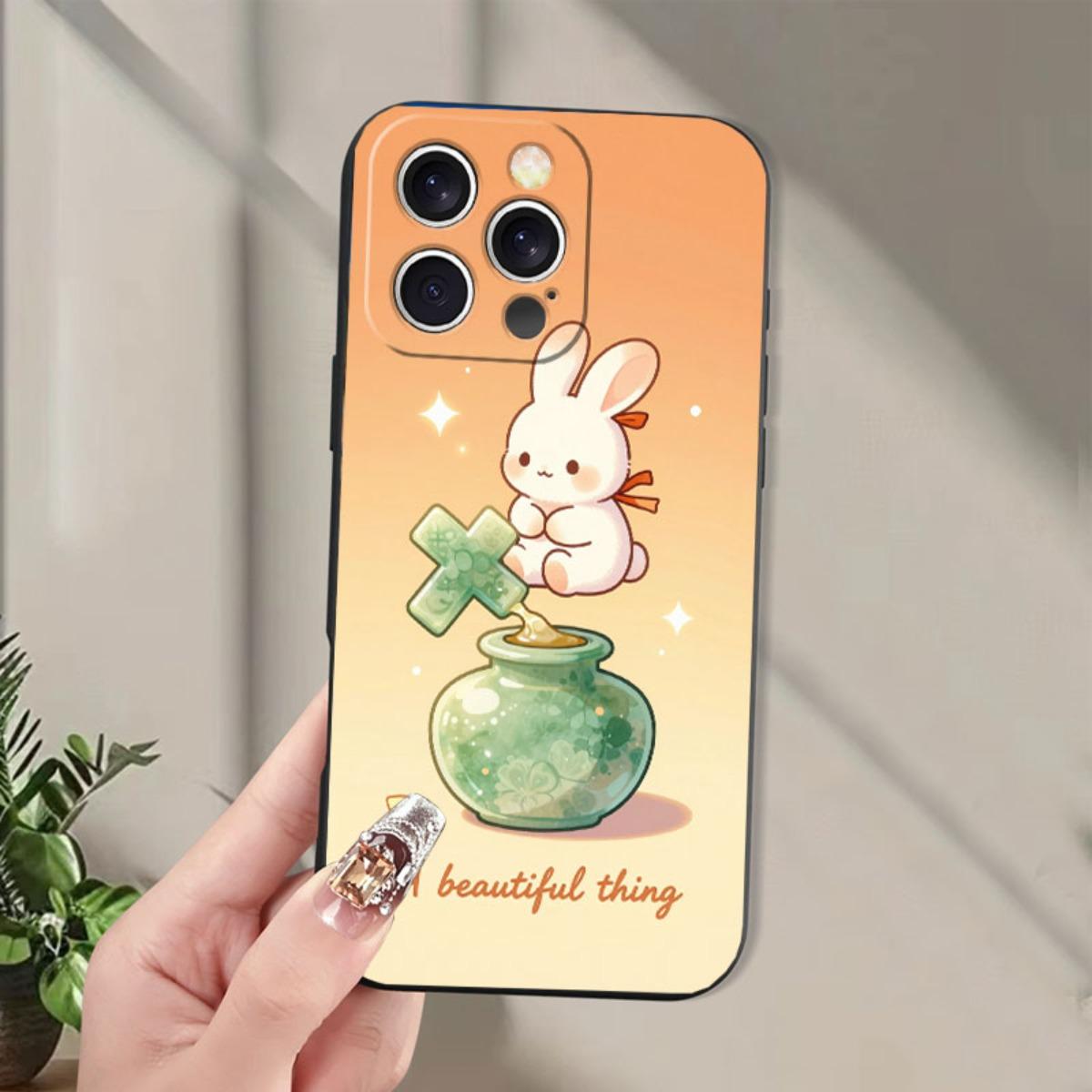 Phone case: Cute Christian rabbit and cross clover jar design, faith-inspired phone case suitable for iPhone 17/17pro/16/X/XS/XR/11/12/13/14/15/16Plus/17ProMax, printed imitation liquid silicone phone case