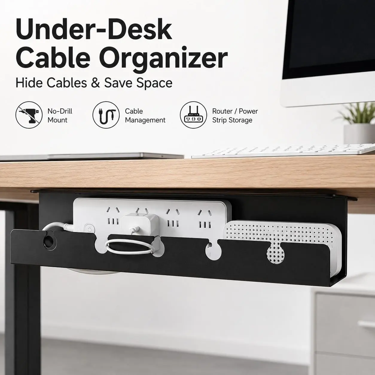 No-Drill Under-Desk Cable Organizer, Adhesive Power Strip & Router Holder, Wall-Mounted Cable Management Rack for Clean Office Desk