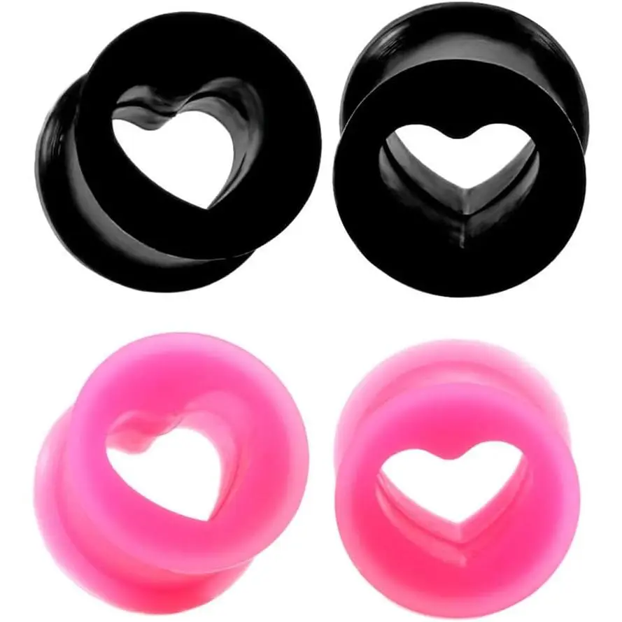 Hollow Heart Shaped Soft  Flexible Double Flared Ear Tunnels Plugs Gauge Expander Stretching Earrings for Women Men Couples Love   Jewerly  Black  2 Pairs Set