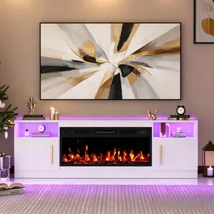 70 Inch Electric Fireplace TV Stand Media Console, RGB Color Changing LED Ambient Lights, Spacious Storage Cabinet Entertainment Center, Sturdy TV Console Accommodates Televisions Up to 80 Inches, Modern Focal Furniture for Living Room Home Decor
