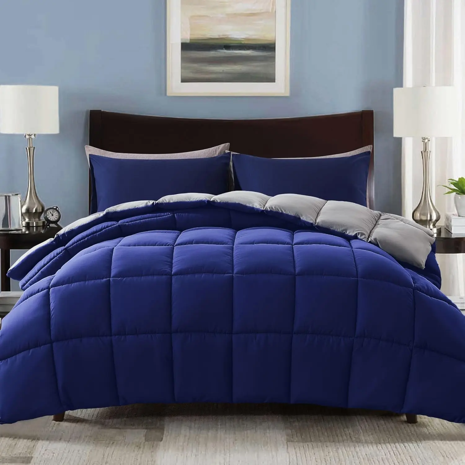 Lightweight Twin Comforter Set with 1 Pillow Sham - 2 Pieces Set - Quilted Down Alternative Comforter/Duvet Insert for All Season - Blue/Grey - Twin/Twin XL Size