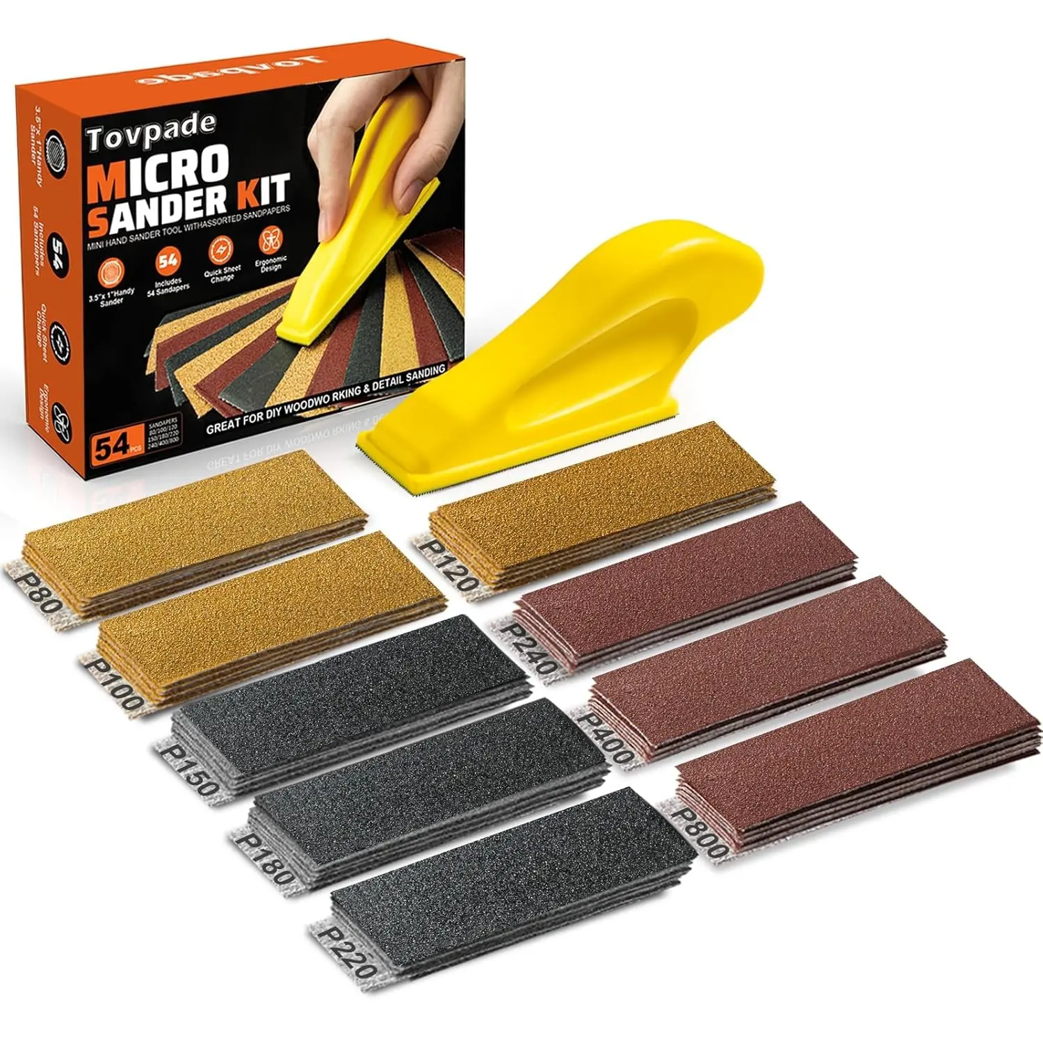 54PCS Premium Micro Sander Block Set - 3-in-1 Precision Tool, 80-800 Grit Sandpaper Kit, Detail Mini Hand Sanding Tool for Wood, DIY Projects, Tight Space Fit