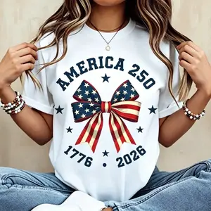 good graphic tees summer graphic tees America 250 1776-2026 Patriotic Bow Graphic T-Shirt| 4th of July Outfit, Perfect Gift for Family & Friends, Comfort Cotton Oversized Cute Fashion Tee YD35