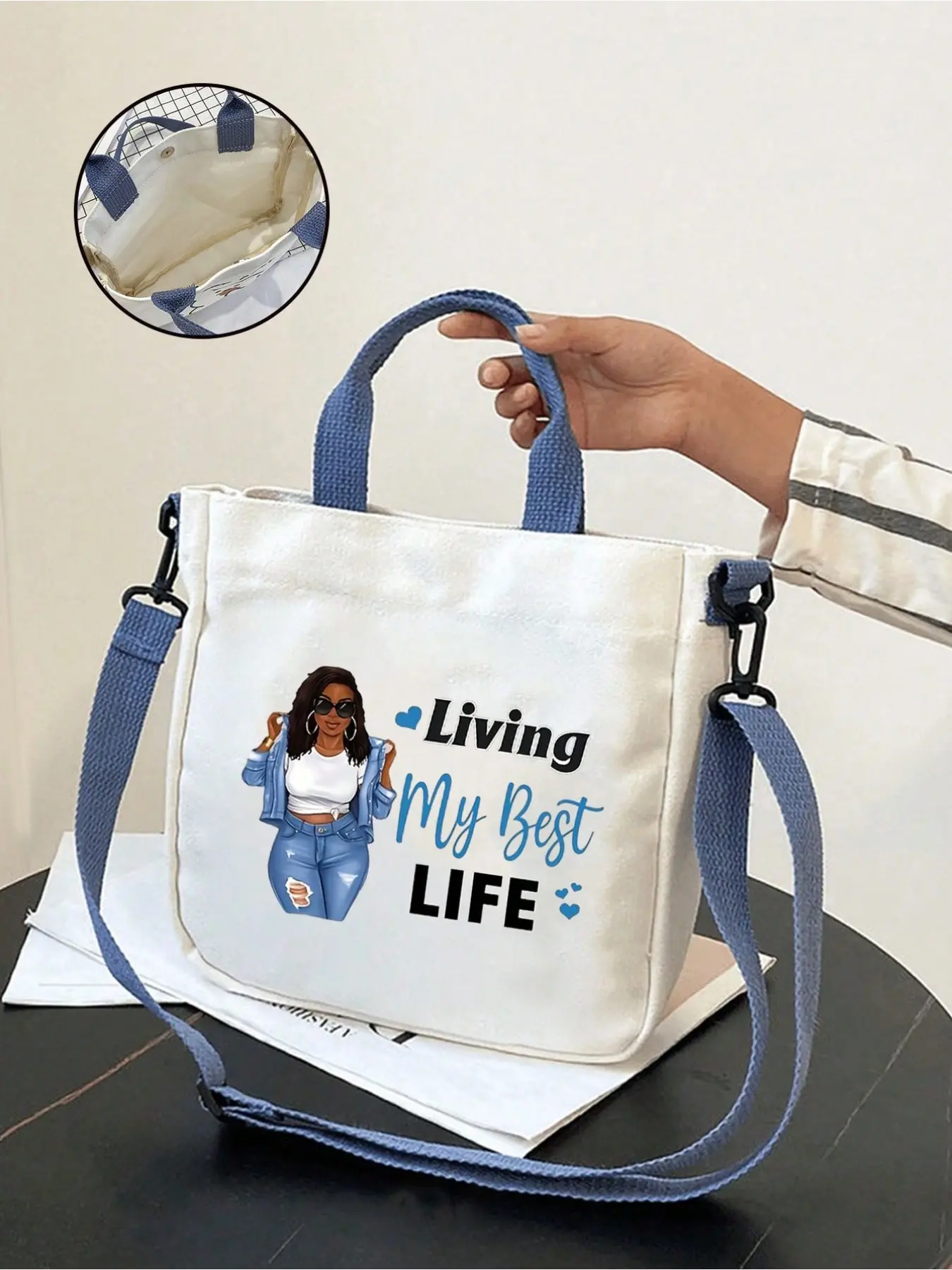 Blue Canvas Crossbody Bag, Personalized Handbag, Casual Shoulder Bag, Large Capacity, Foldable, Ideal for Travel, Gifts