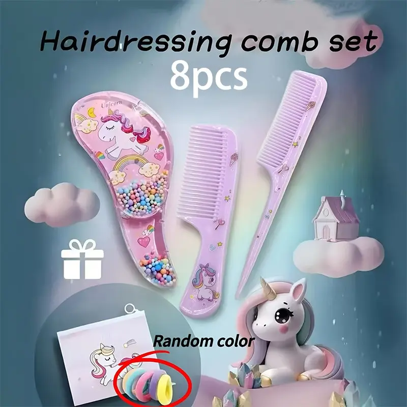8pcs Hair Comb Set with Elastic Bands, Cartoon Unicorn Design, Sharp Tail Combs, Simple Style, Random Colors, 3-Piece Set Plus 5 Elastics