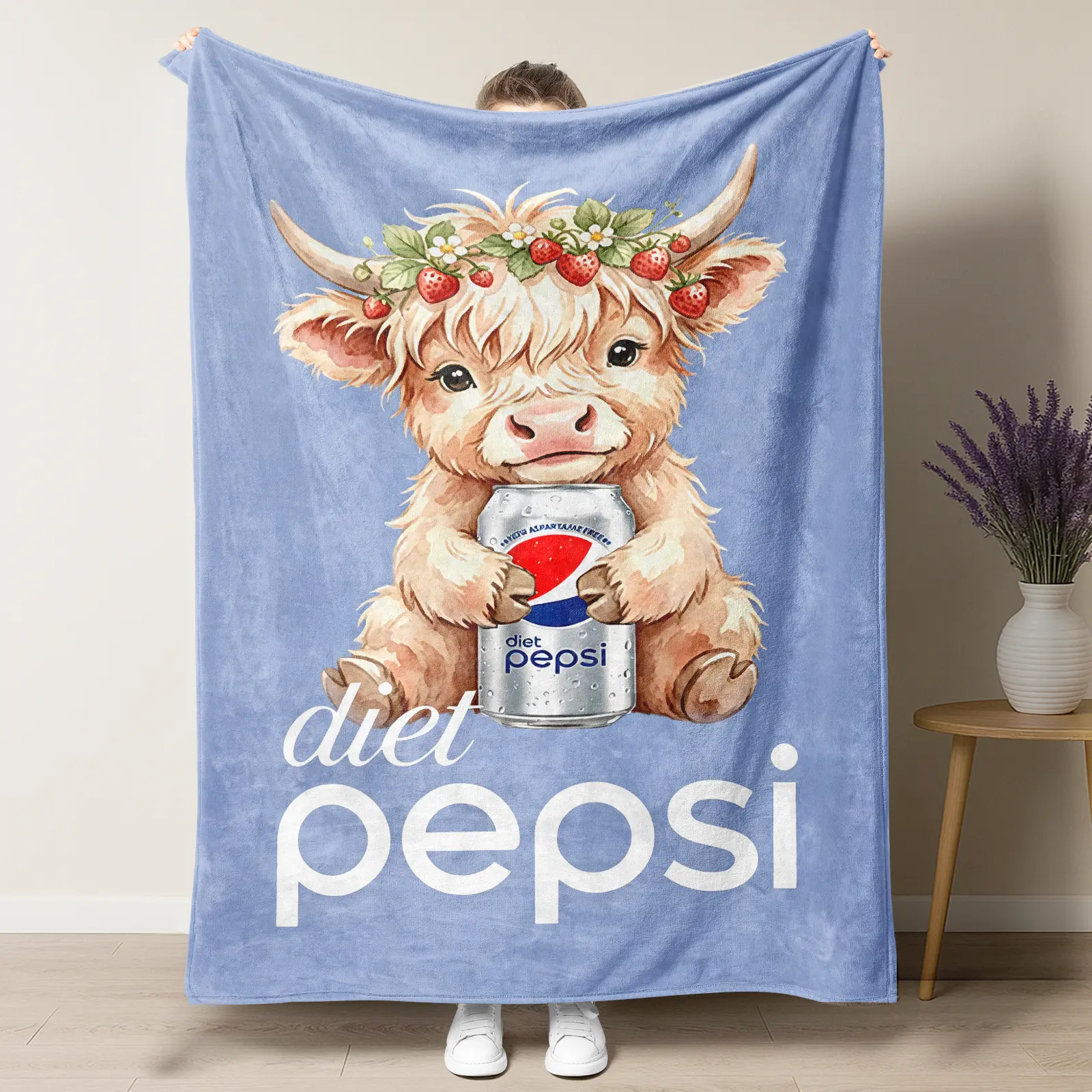 # 74  Diet Pepsi Highland Cow Flannel Throw Blanket,Cute Watercolor Baby Highland Cow