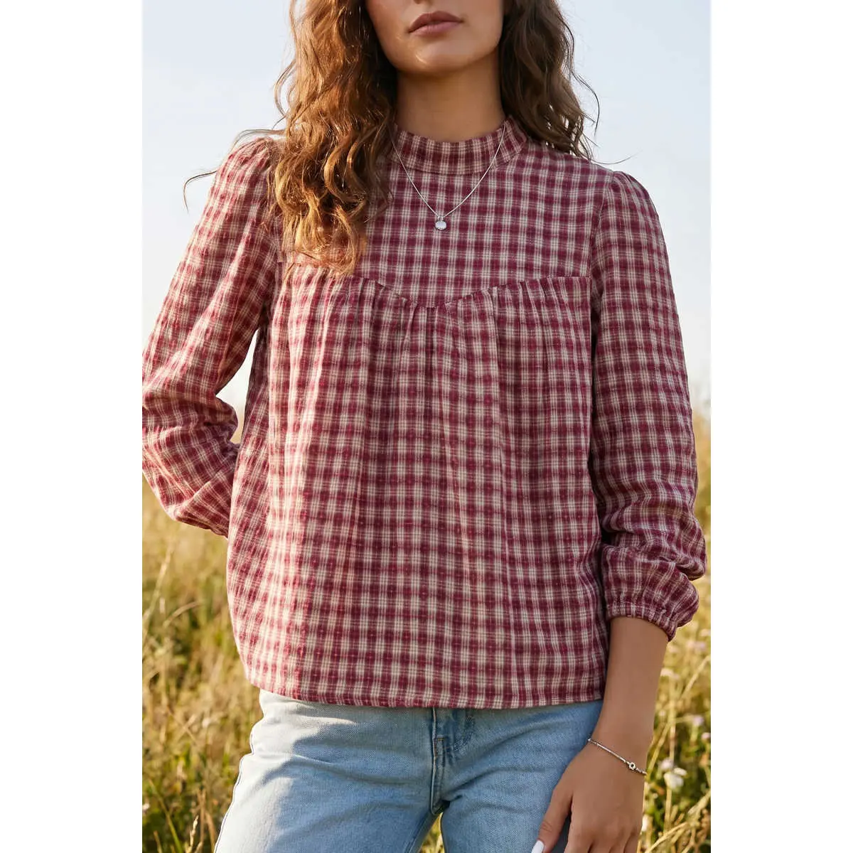 Coral Country Plaid Long Sleeve Button Keyhole Pleated Loose Blouse