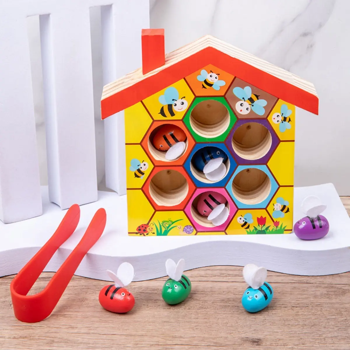 Kids' Wooden Honeycomb Puzzle Toy, Color Recognition & Motor Skill Activities, Hexagonal Board, Shape Sorter, Educational Gift, Fine Motor Development