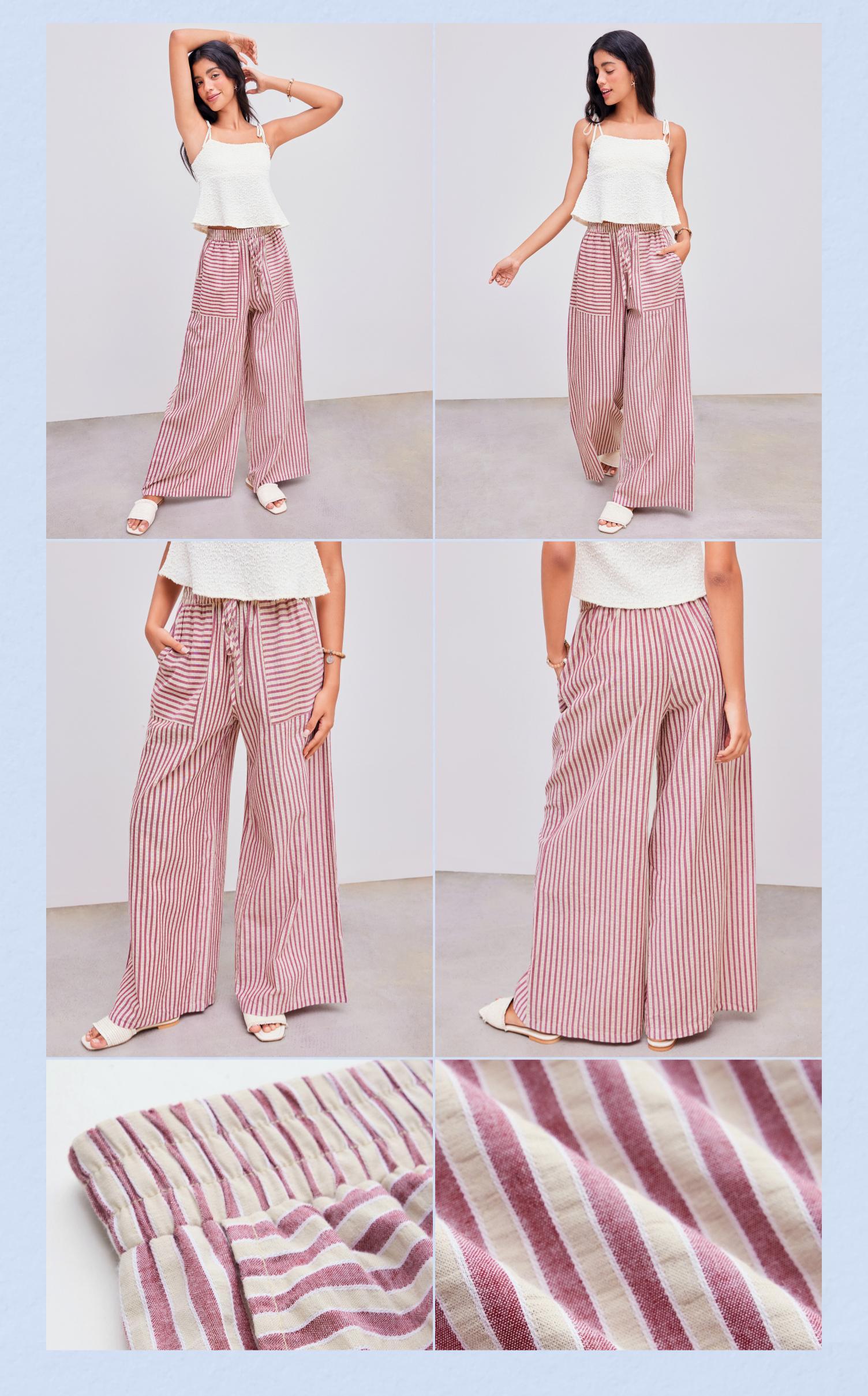 Cider [size 2-26] Woven Mid Rise Stripe Knotted Pocket Trousers
