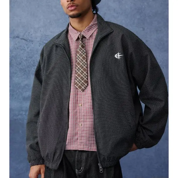 Men's Micro Grid Plaid Stand Collar Windbreaker Jacket, Lightweight Full Zip Casual Check Outerwear with Elastic Cuffs & Hem, Minimal Logo Streetwear Coat