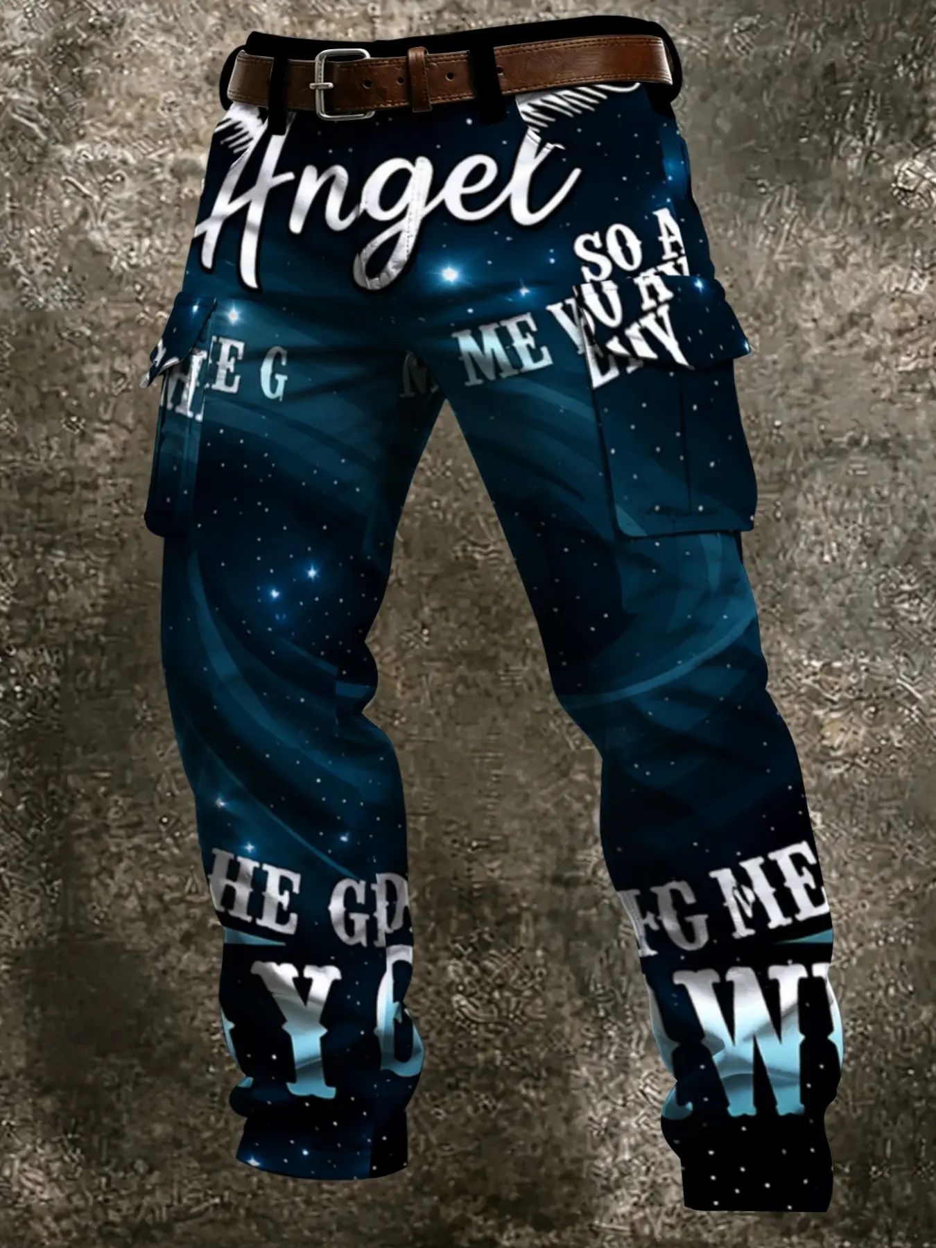 New Gradient Deep Sea Blue Galaxy Starlight Floral English Full Print Work Pants, Casual Slim-Fit Ankle-Length Long Pants for Fall & Winter