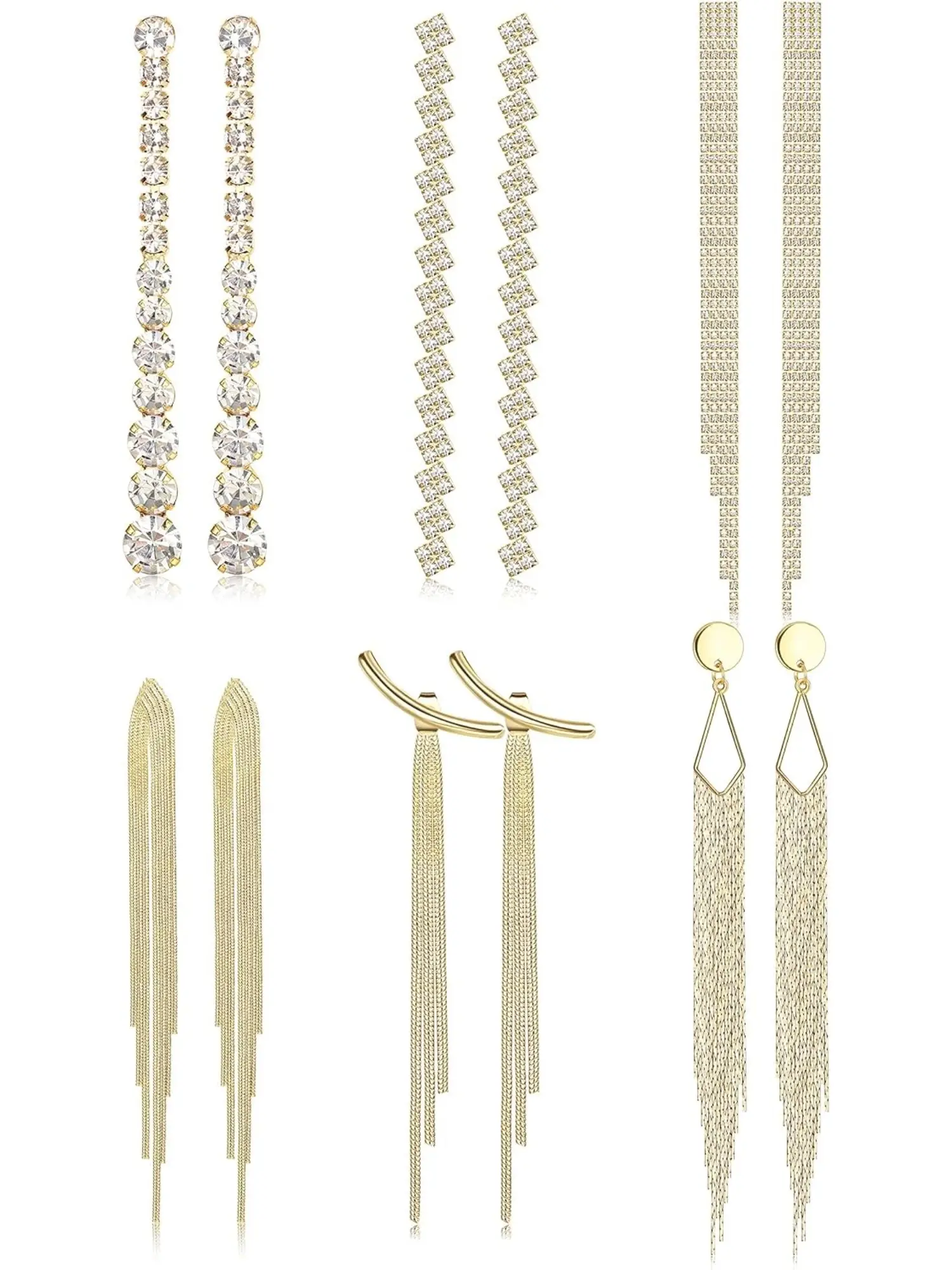 6 Pairs Long Dangle Drop Earrings for Women, Hypoallergenic Sleek Rhinestone Crystal Statement Earrings, Gold & Silver Tone, Perfect for Daily Dating Wedding Party Prom Wear