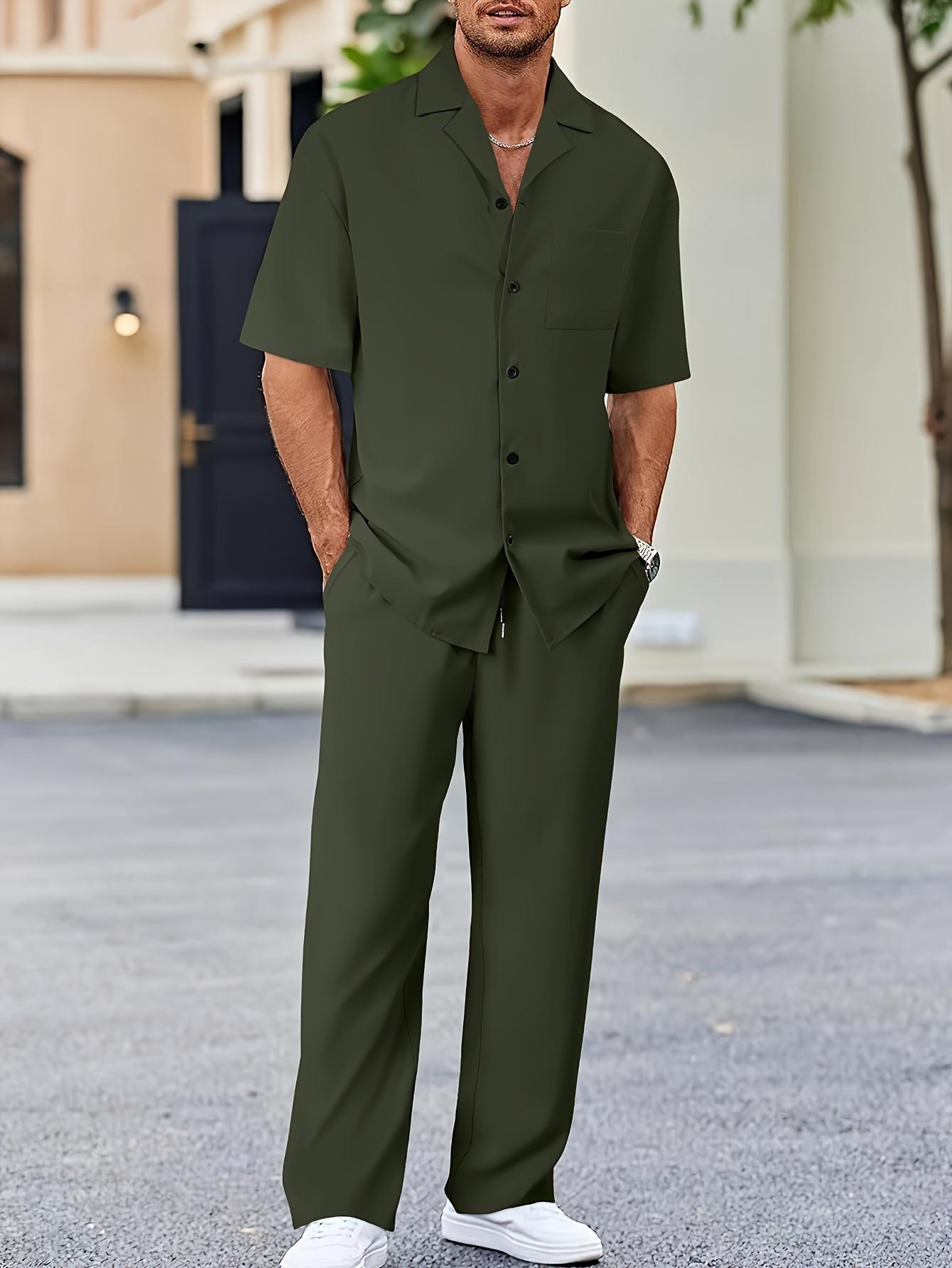 Men's Casual Set - Suit-Inspired Short Sleeve Shirt & Loose Straight Pants - Polyester, Machine Washable
