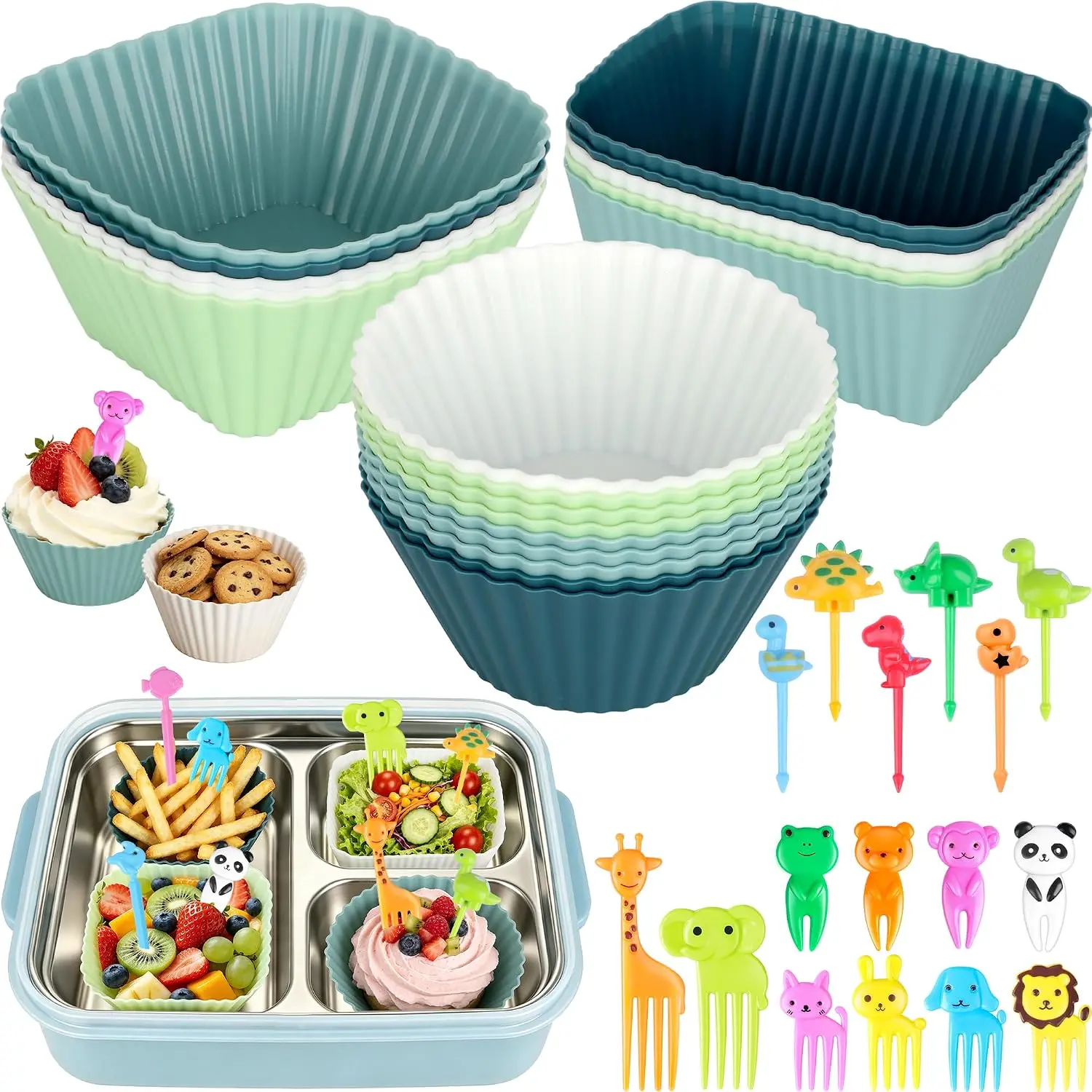 66 count  Lunch Box Dividers & Cute   Picks for  | 20   Cupcake Liners, Muffin Baking Cups, 46 Fruit Toothpicks, Lunchbox Bento Box Accessories Supplies