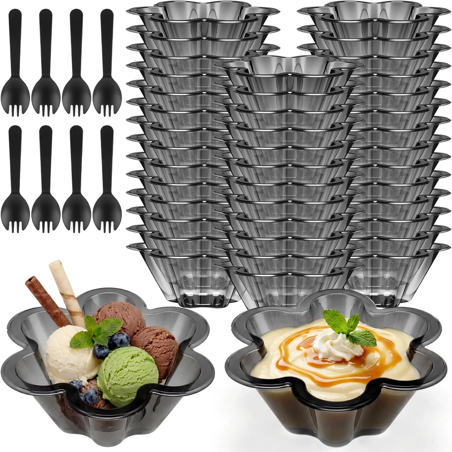 100 count 8 oz Black Desset Cups with Spoons Ice Cream Bowls | Flower Shaped, Disposable Ice Cream Sundae Bowls, Clear Plastic Small Party Serving Cups, for Ice Parfait Strawberry Yogurt