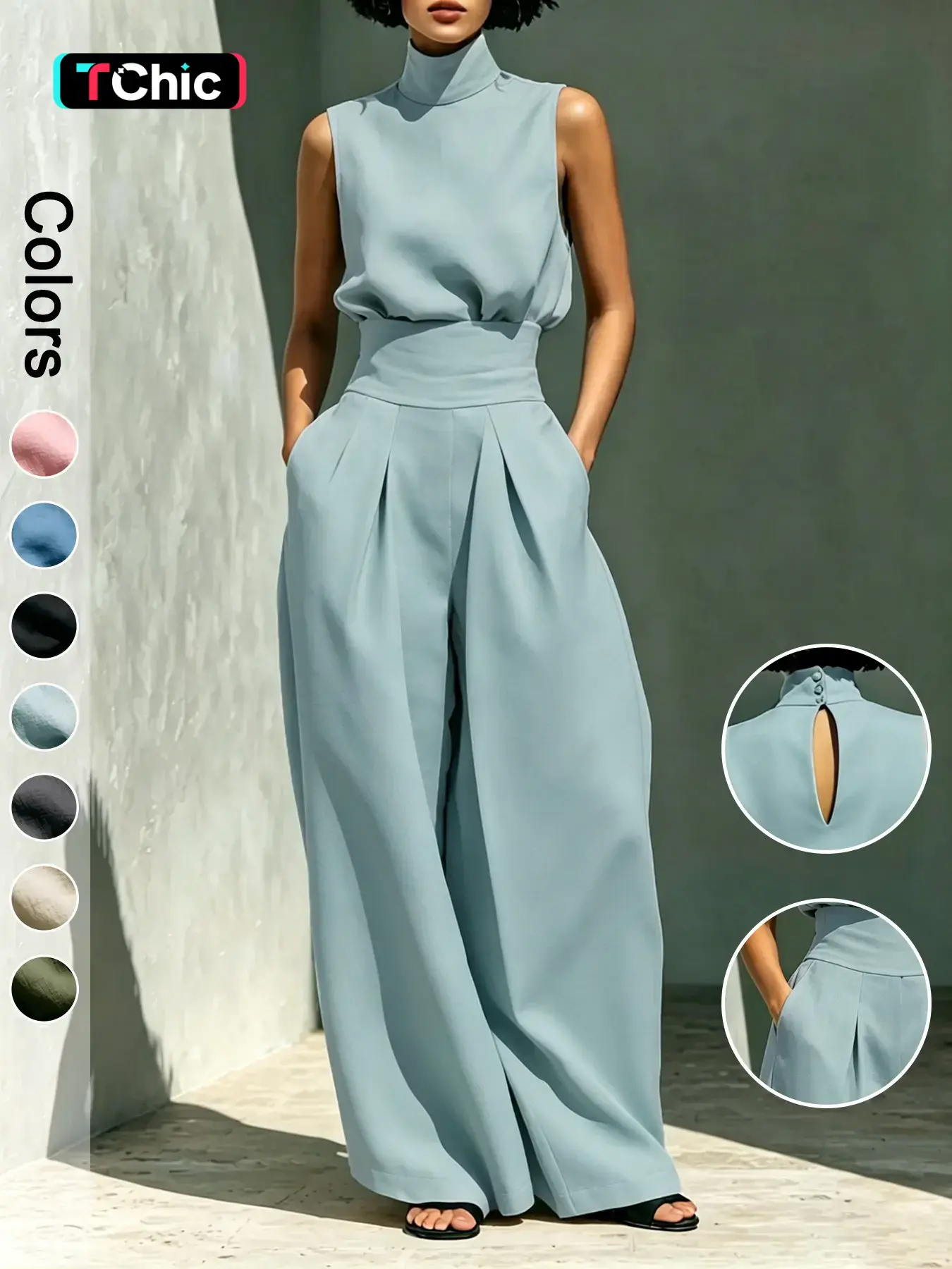 Women's High-Neck Sleeveless Top and High-Waist Wide-Leg Pants Two-Piece Set, Elegant Chic Outfit for Fashionable Ladies
