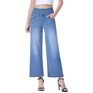 Leg Cropped Jeans for Women, Pull on Elastic Waist Stretchy Capris Ankle Petite Pants