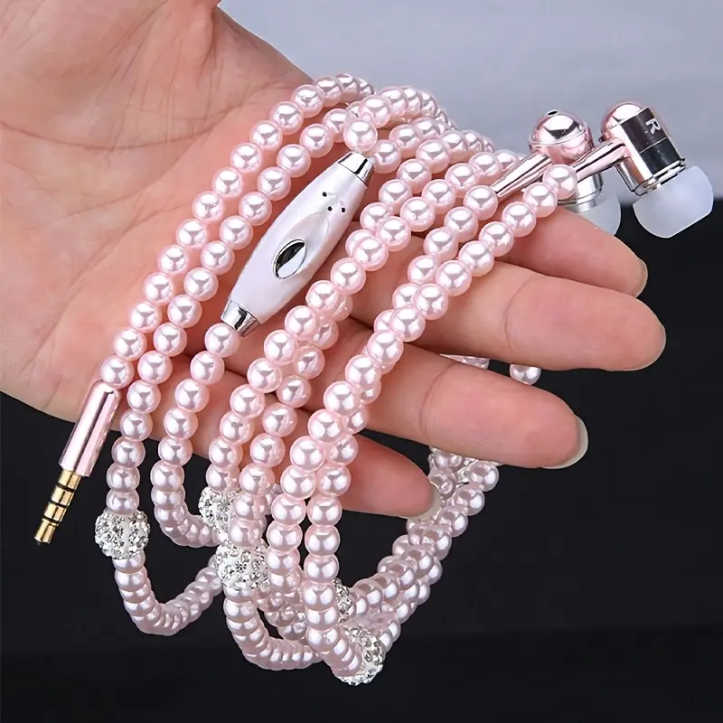 Pearl Necklace Wired Earphones with Microphone, Heavy Bass In-Ear Pearl Headphones with 3.5MM Round Plug - Multiple Colors - 1pc