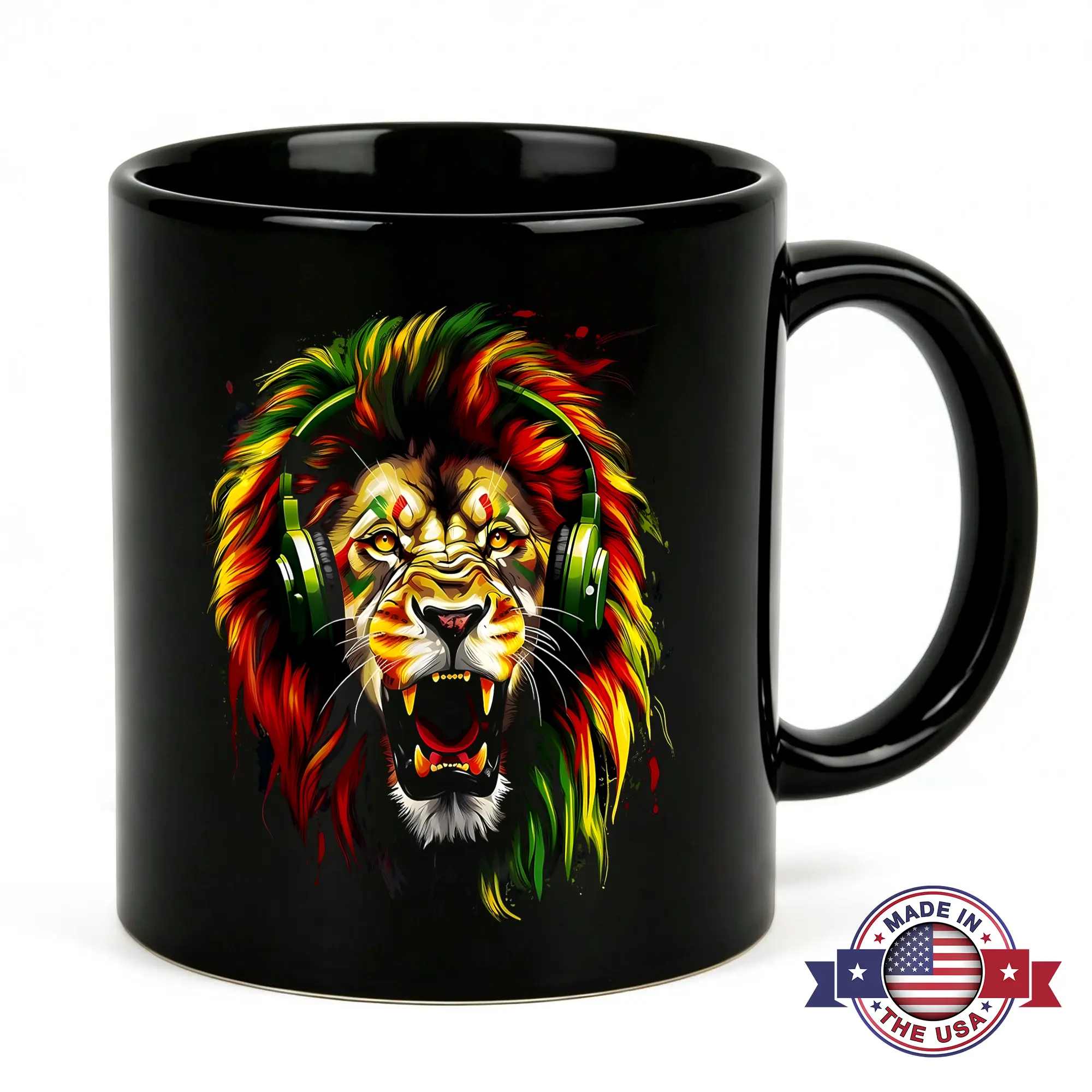 Rasta Lion Coffee Mug 11oz Black Ceramic Reggae Music Roaring Lion With Headphones Cup Red Yellow Green African Colors Novelty Gift for Men Women DJ Musician Rastafarian Culture Animal Art Desk Decor Birthday Present Drinkware