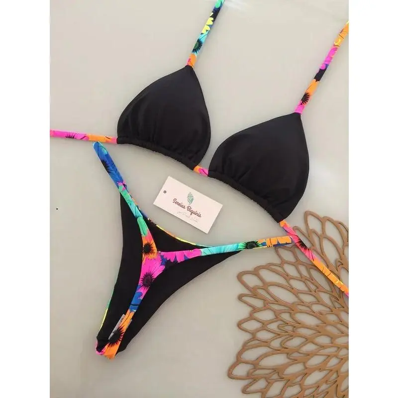 Women's 2026 Print Micro Bikini Set - Push Up, Elastane Fabric, Triangle Neck, Thong Bottom Swimwear for Beach Photography & Beach Wear