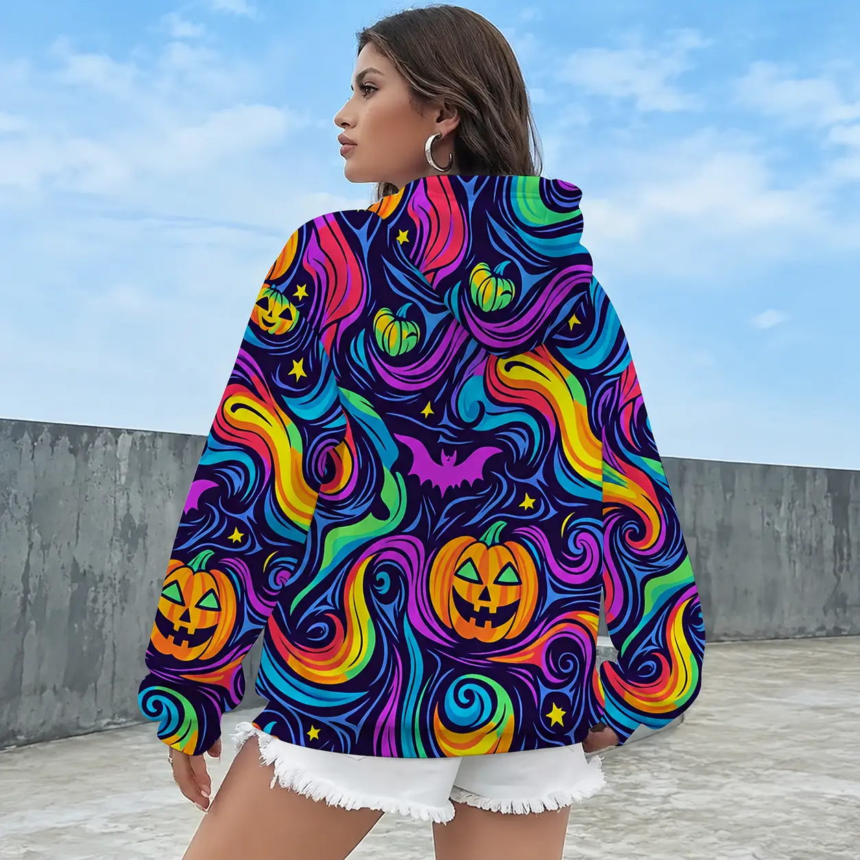 Women’s Colorful Halloween Pumpkin Hoodie, Rainbow Swirl Bat Graphic Pullover Sweatshirt, Oversized Spooky Season Hoodie for Fall Festival, Halloween Party, Cute Casual Streetwear Outfit