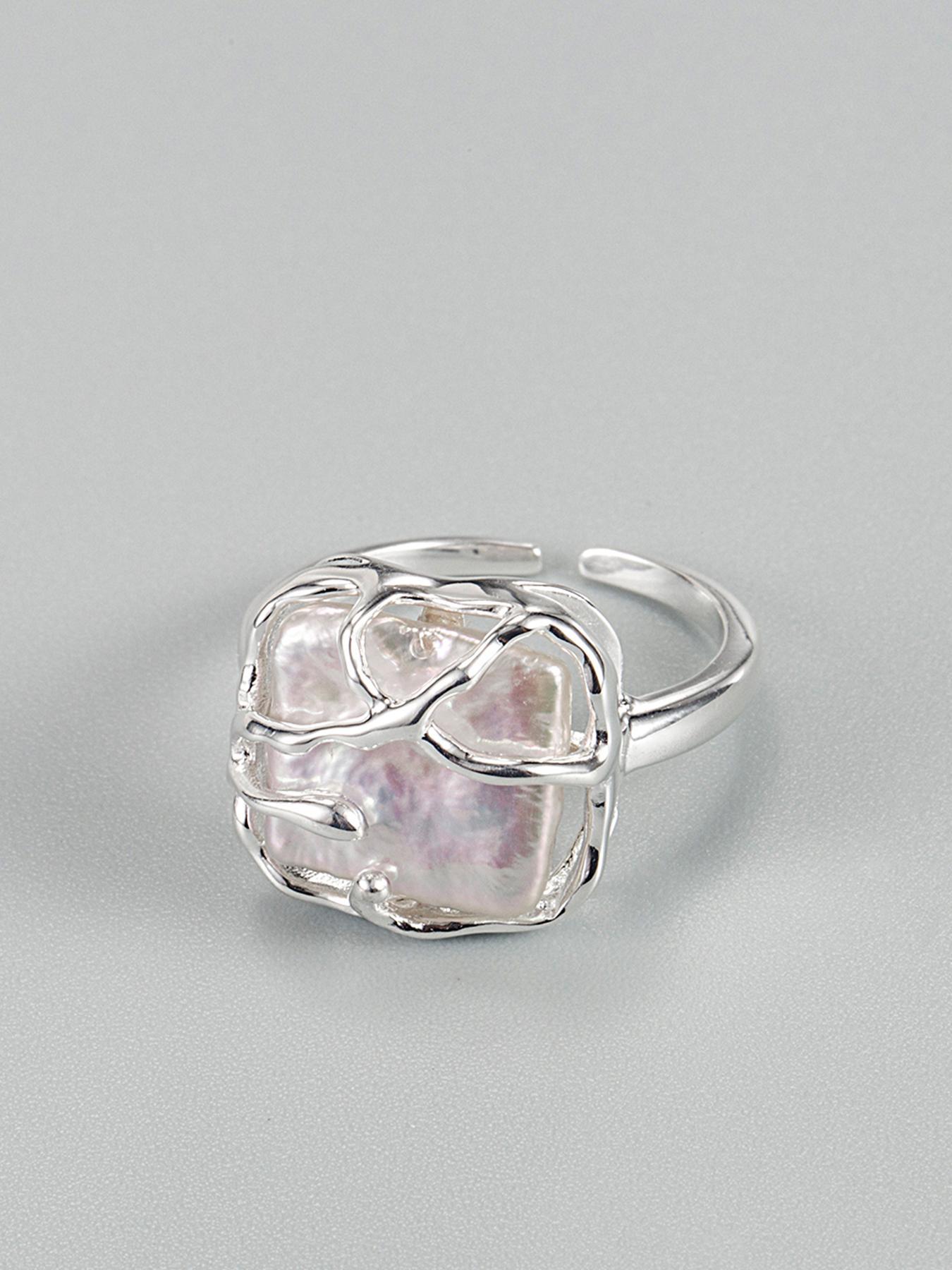 S925 Sterling Silver Fashion Vintage Square Shaped Baroque Pearls Ring, Elegant Everyday Ring, Elegant Jewelry for Women, Trendy All-match & Exquisite Jewelry for Birthday Gift, Vintage Rings Jewelry