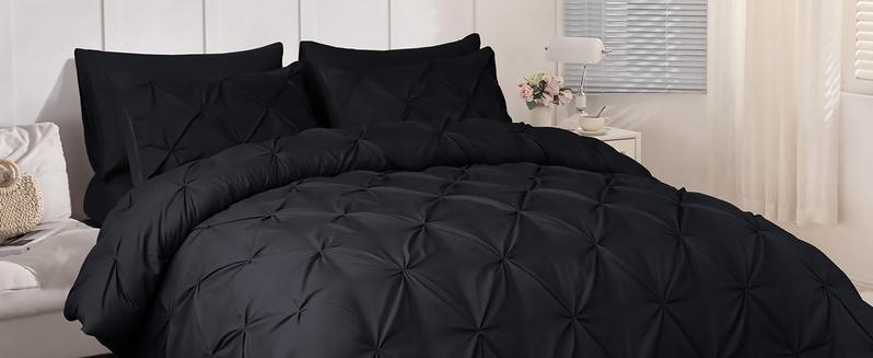 Queen Comforter Set of 7 Pieces-Bed in a Bag for Queen Size, All Season, Pintuck Bedding with Comforter, Flat Sheet, Fitted Sheet, Pillowcases and Shams, Black
