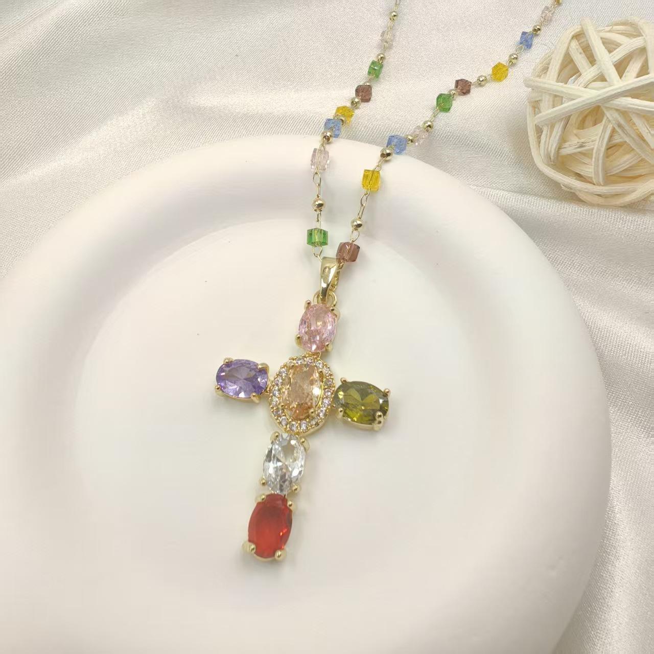 Colorful Zircon Cross Pendant Necklace, Rainbow Crystal Beaded Chain Dainty Gold Plated Necklace, Vintage Y2K Religious Cubic Zirconia Necklace for Women, Adjustable Fashion Jewelry for Daily Party Gift