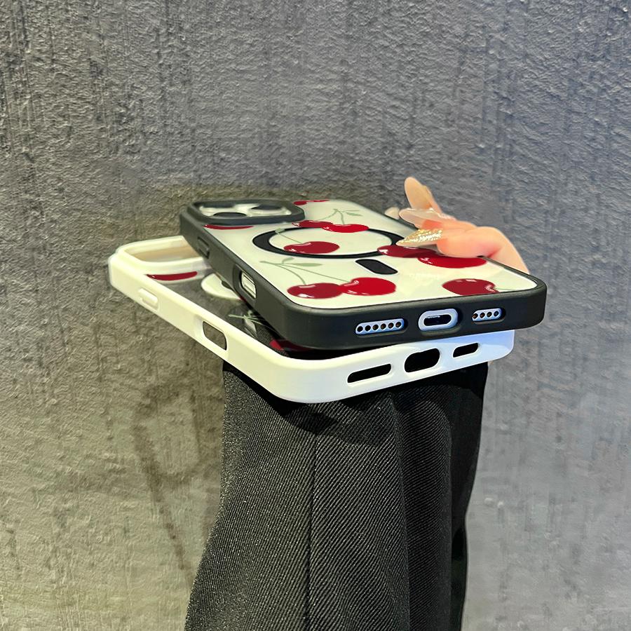 Phone case for iPhone 16 Pro Max 15 Plus 14 13 12 11 XS Max XR X Cherry Pattern Non-Yellowing Transparent Anti-Scratch Shockproof Pocket-Friendly Durable MagSafe Case with Charging Cellphone Cover Gift